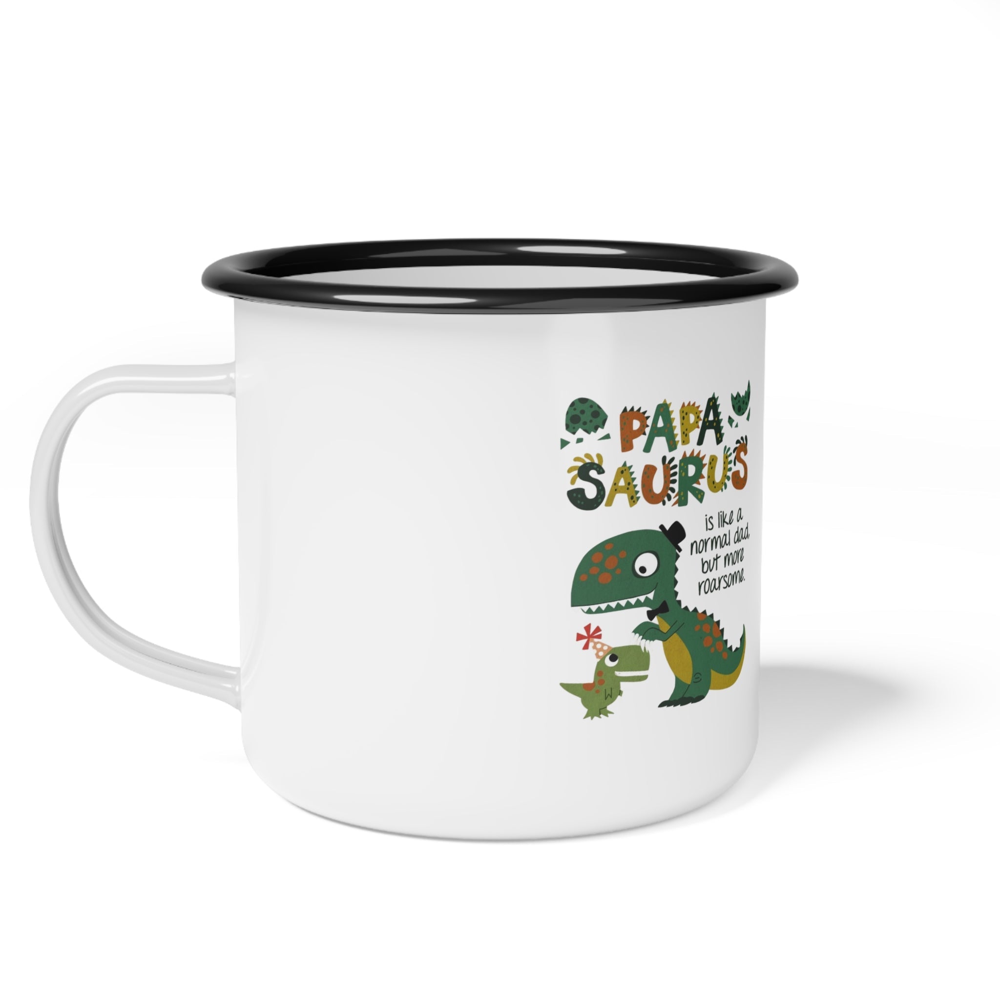 Playful Dinosaur Camp Mug with 'Papa Saurus' Design, Funny Coffee Mug, Camping Gift, Father's Day Gift, Outdoor Adventure Cup - Metamorphosis Creations