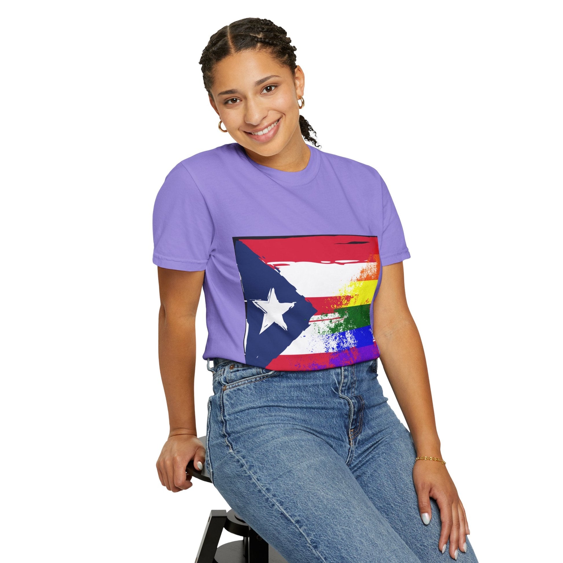 Pride - Themed Unisex Garment - Dyed T-Shirt, Rainbow Puerto Rican Flag Tee, LGBTQ+ Celebration Shirt, Bright & Colorful Pride Attire, [...] - Metamorphosis Creations