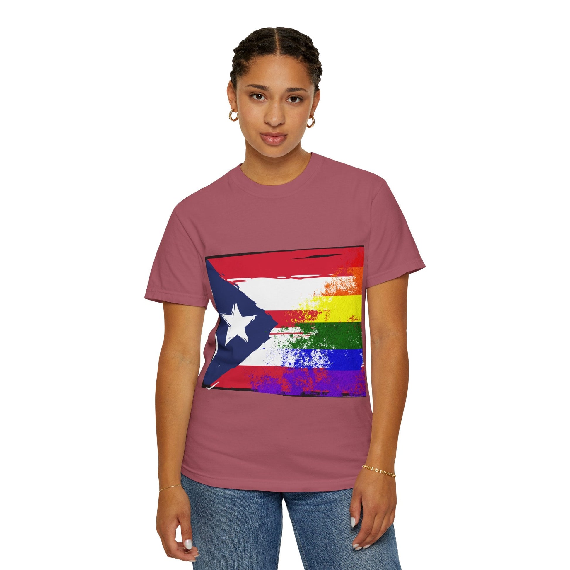 Pride - Themed Unisex Garment - Dyed T-Shirt, Rainbow Puerto Rican Flag Tee, LGBTQ+ Celebration Shirt, Bright & Colorful Pride Attire, [...] - Metamorphosis Creations