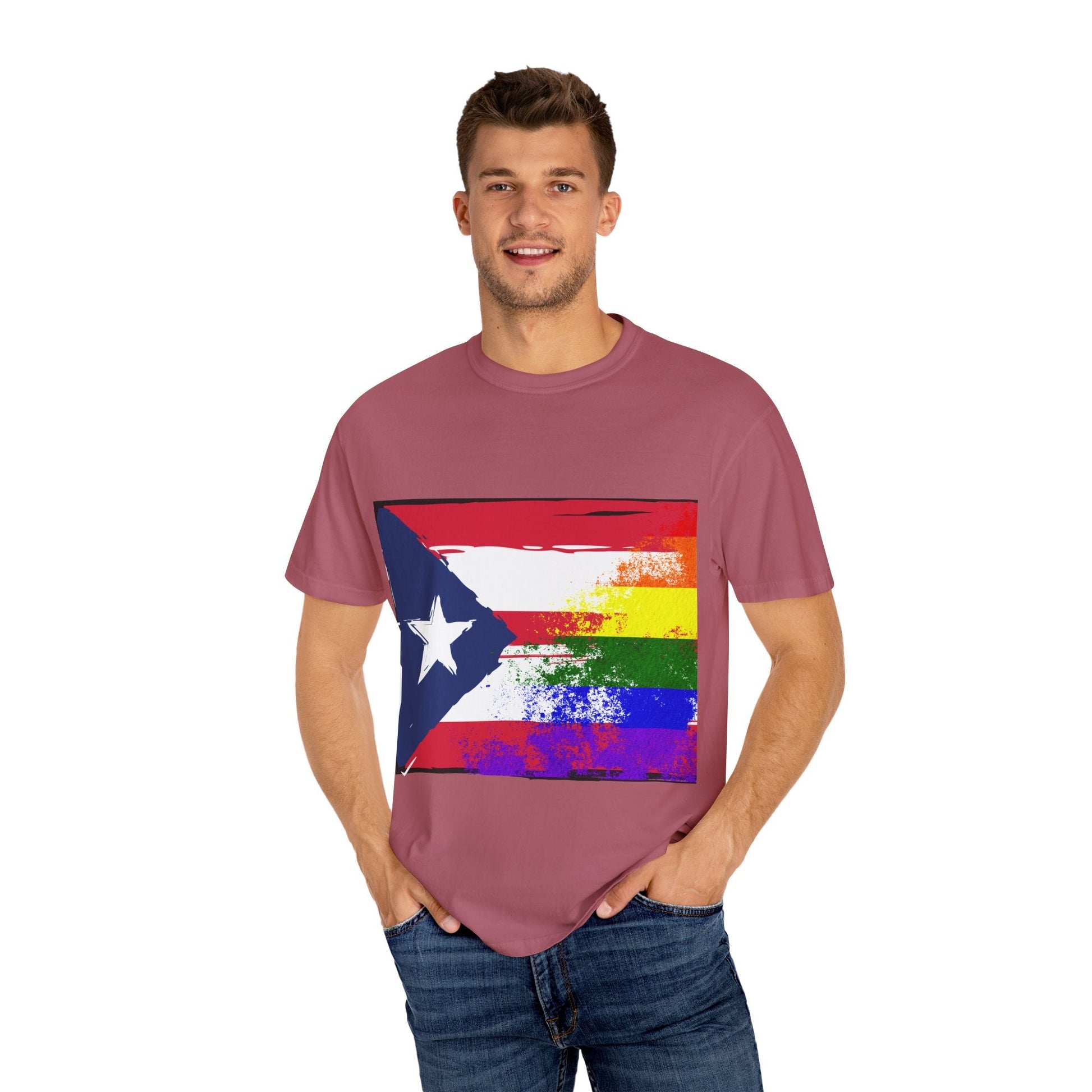Pride - Themed Unisex Garment - Dyed T-Shirt, Rainbow Puerto Rican Flag Tee, LGBTQ+ Celebration Shirt, Bright & Colorful Pride Attire, [...] - Metamorphosis Creations