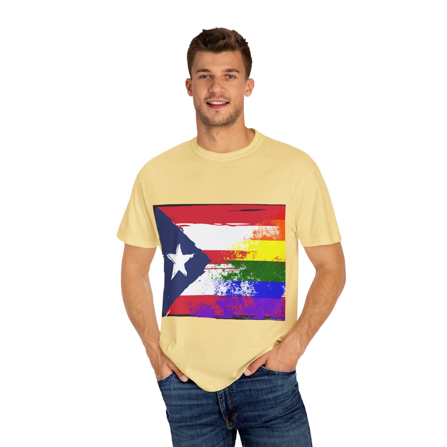 Pride - Themed Unisex Garment - Dyed T-Shirt, Rainbow Puerto Rican Flag Tee, LGBTQ+ Celebration Shirt, Bright & Colorful Pride Attire, [...] - Metamorphosis Creations