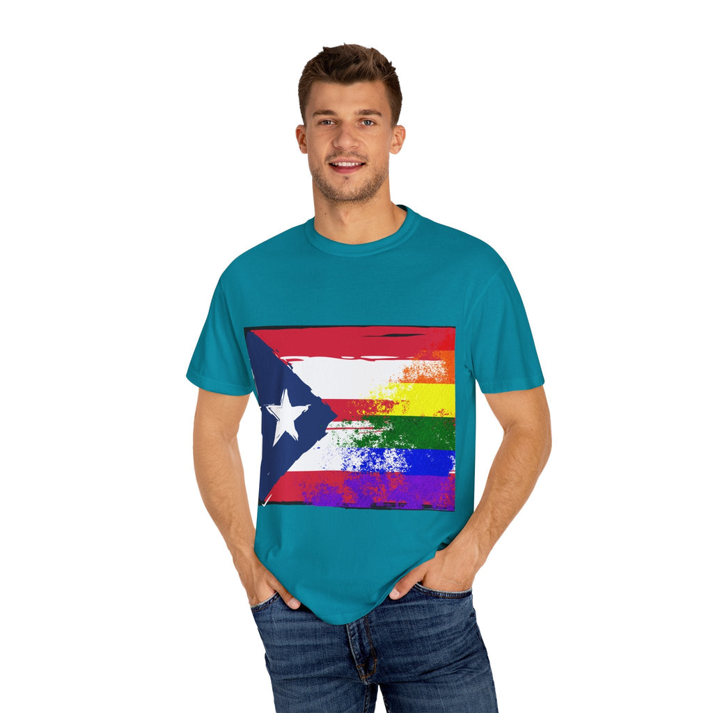 Pride - Themed Unisex Garment - Dyed T-Shirt, Rainbow Puerto Rican Flag Tee, LGBTQ+ Celebration Shirt, Bright & Colorful Pride Attire, [...] - Metamorphosis Creations