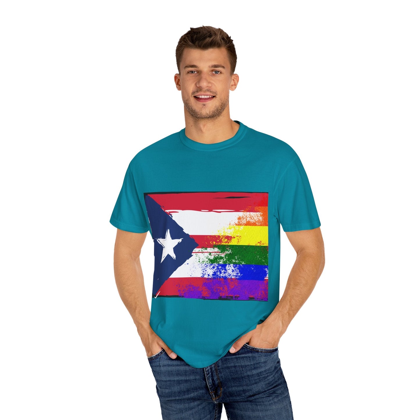 Pride - Themed Unisex Garment - Dyed T-Shirt, Rainbow Puerto Rican Flag Tee, LGBTQ+ Celebration Shirt, Bright & Colorful Pride Attire, [...] - Metamorphosis Creations