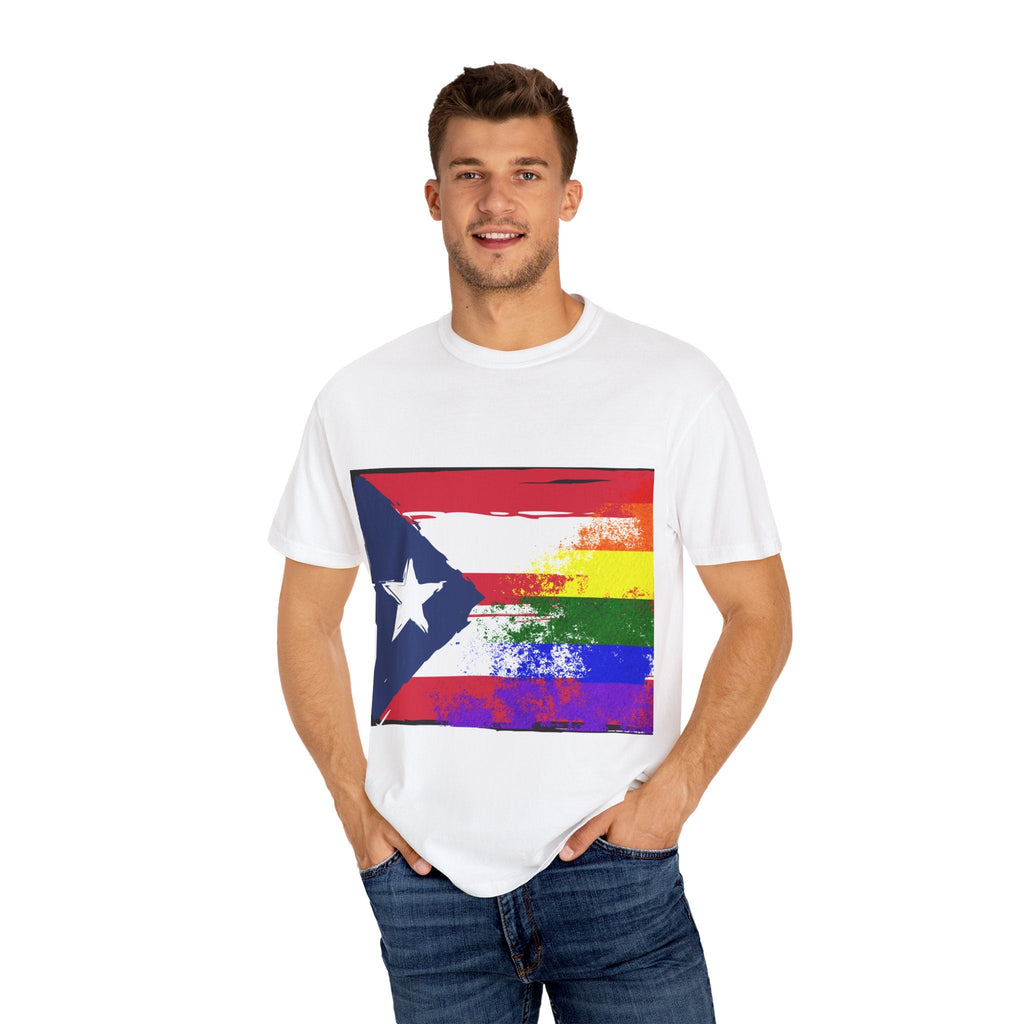 Pride - Themed Unisex Garment - Dyed T-Shirt, Rainbow Puerto Rican Flag Tee, LGBTQ+ Celebration Shirt, Bright & Colorful Pride Attire, [...] - Metamorphosis Creations