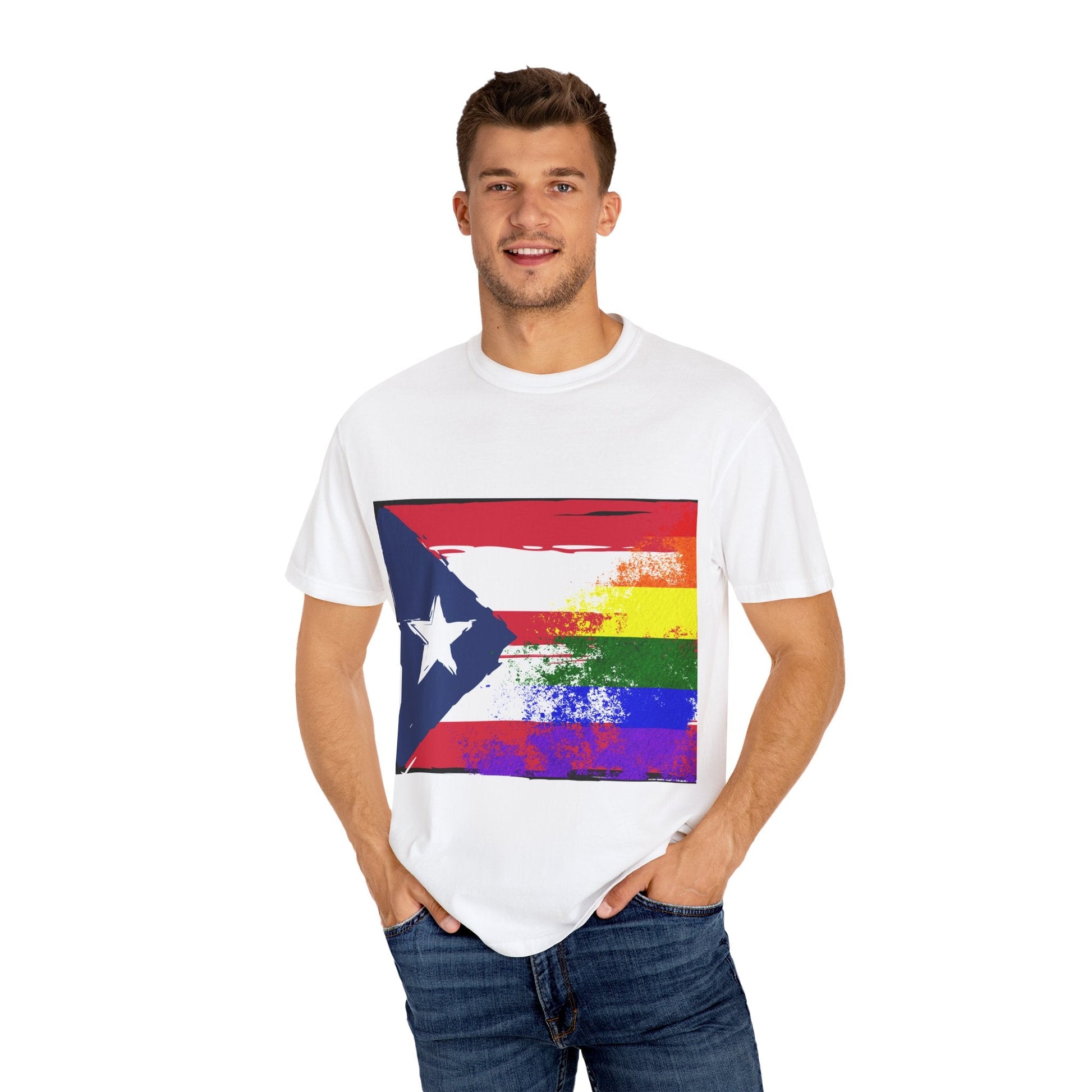 Pride - Themed Unisex Garment - Dyed T-Shirt, Rainbow Puerto Rican Flag Tee, LGBTQ+ Celebration Shirt, Bright & Colorful Pride Attire, [...] - Metamorphosis Creations