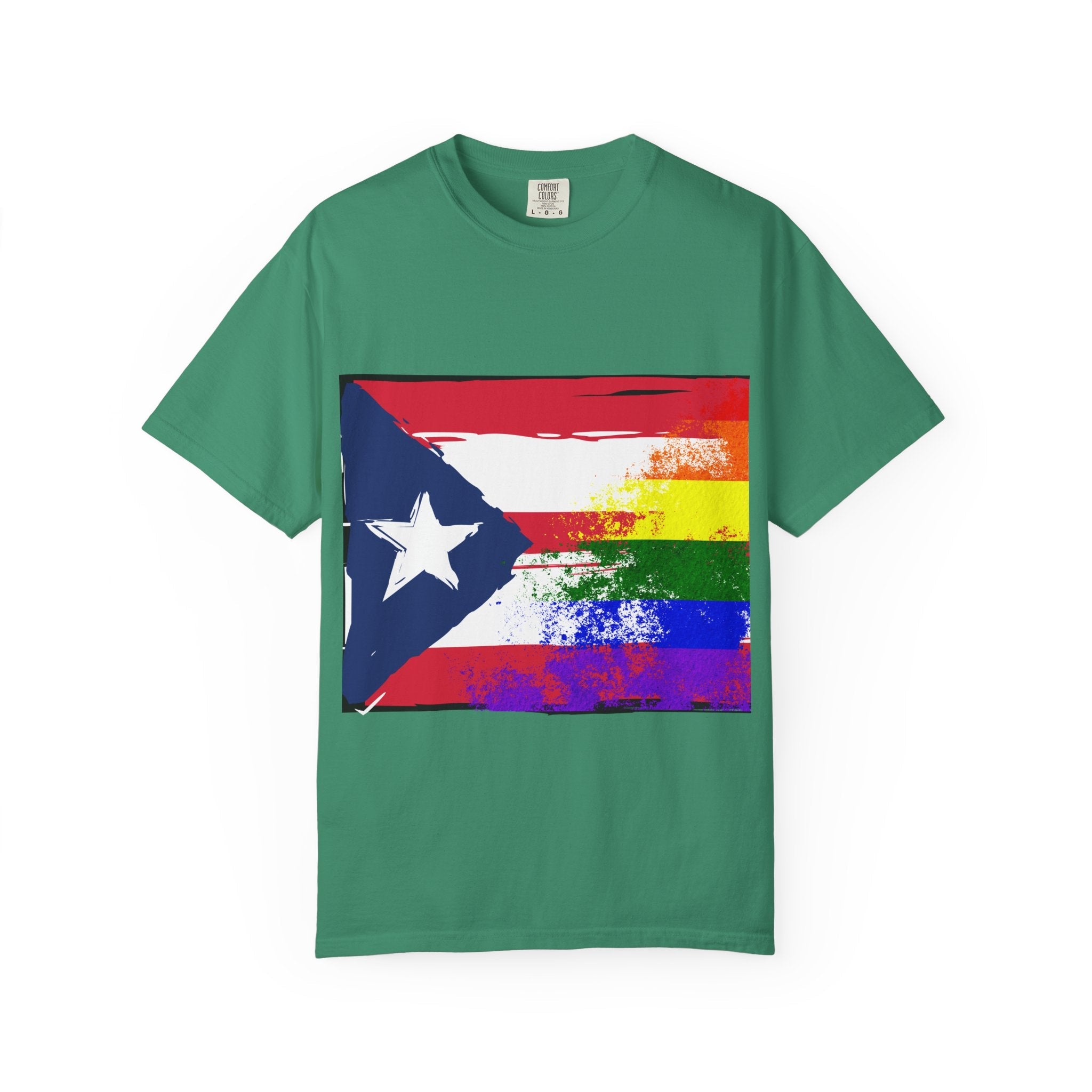 Pride - Themed Unisex Garment - Dyed T-Shirt, Rainbow Puerto Rican Flag Tee, LGBTQ+ Celebration Shirt, Bright & Colorful Pride Attire, [...] - Metamorphosis Creations