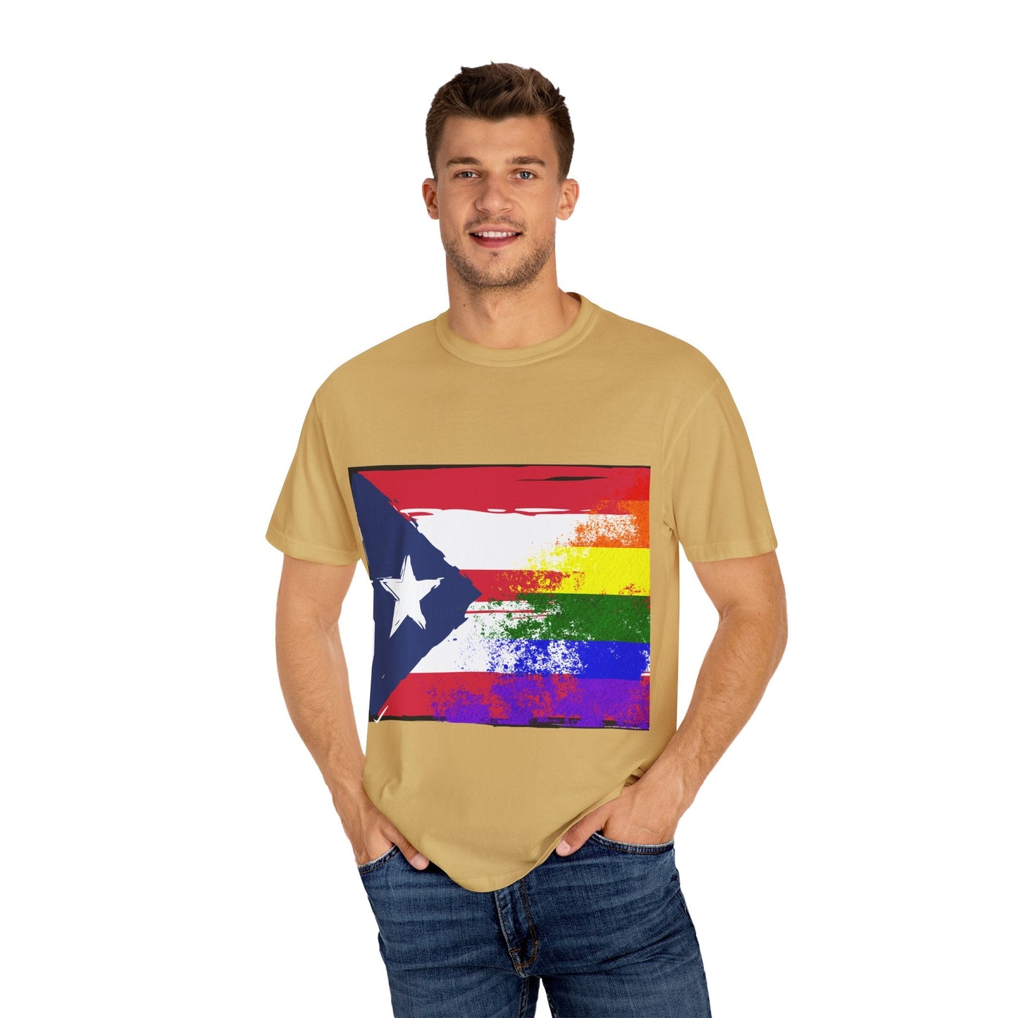 Pride - Themed Unisex Garment - Dyed T-Shirt, Rainbow Puerto Rican Flag Tee, LGBTQ+ Celebration Shirt, Bright & Colorful Pride Attire, [...] - Metamorphosis Creations