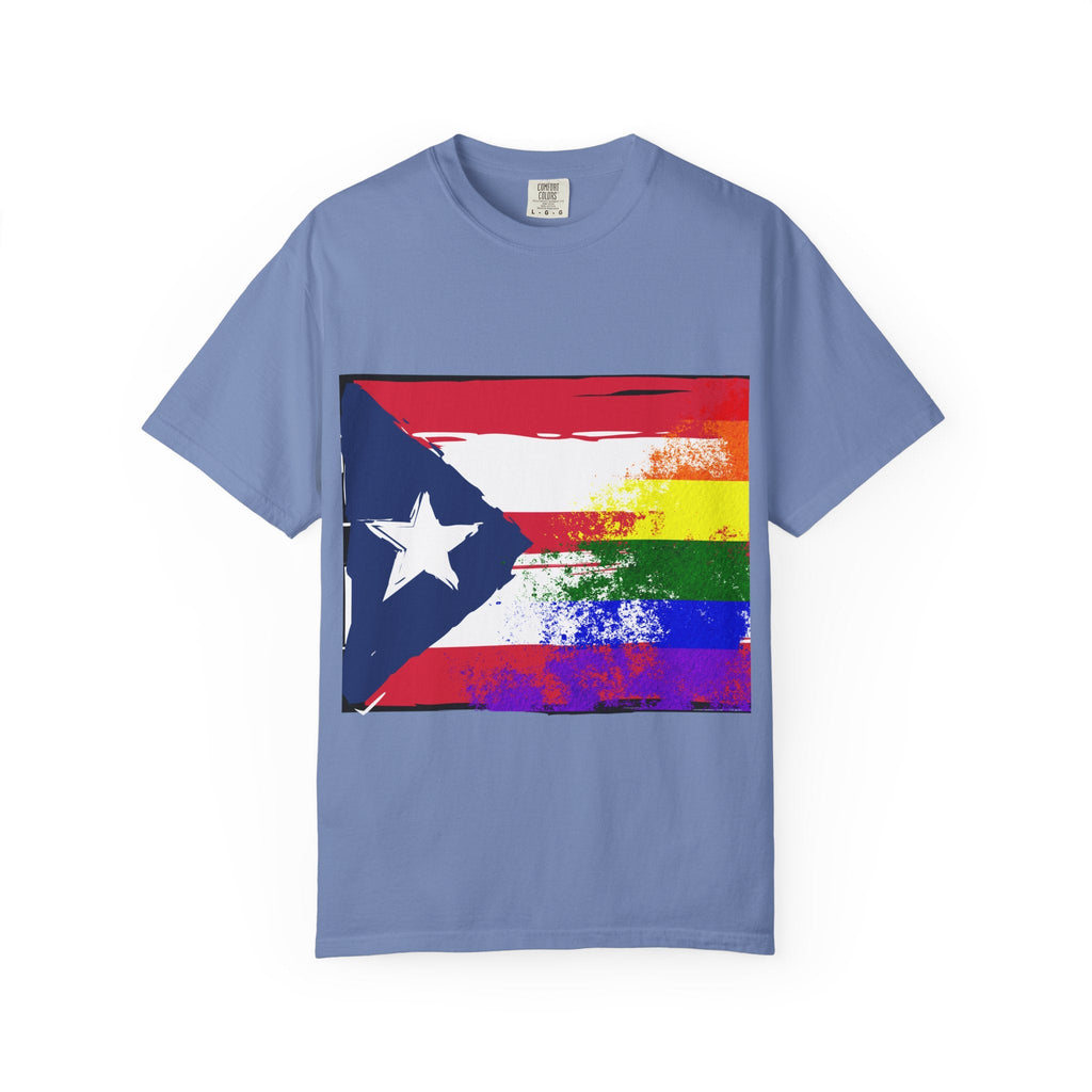 Pride - Themed Unisex Garment - Dyed T-Shirt, Rainbow Puerto Rican Flag Tee, LGBTQ+ Celebration Shirt, Bright & Colorful Pride Attire, [...] - Metamorphosis Creations
