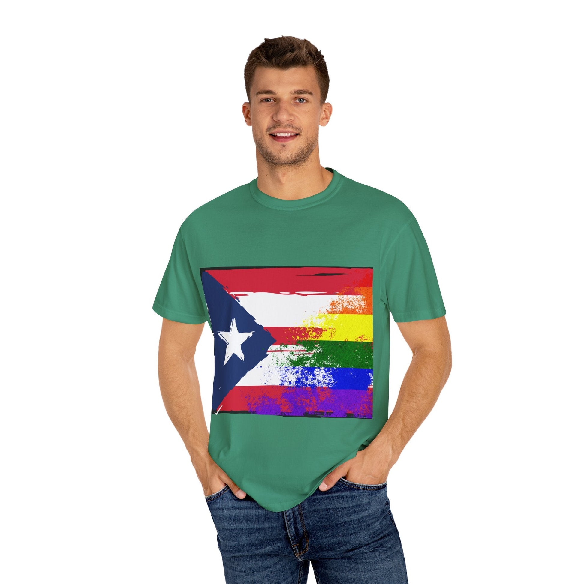 Pride - Themed Unisex Garment - Dyed T-Shirt, Rainbow Puerto Rican Flag Tee, LGBTQ+ Celebration Shirt, Bright & Colorful Pride Attire, [...] - Metamorphosis Creations