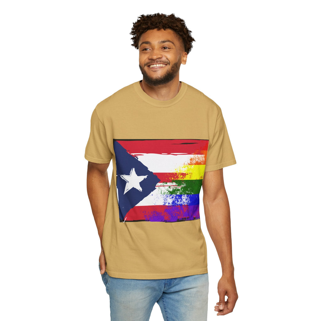 Pride - Themed Unisex Garment - Dyed T-Shirt, Rainbow Puerto Rican Flag Tee, LGBTQ+ Celebration Shirt, Bright & Colorful Pride Attire, [...] - Metamorphosis Creations