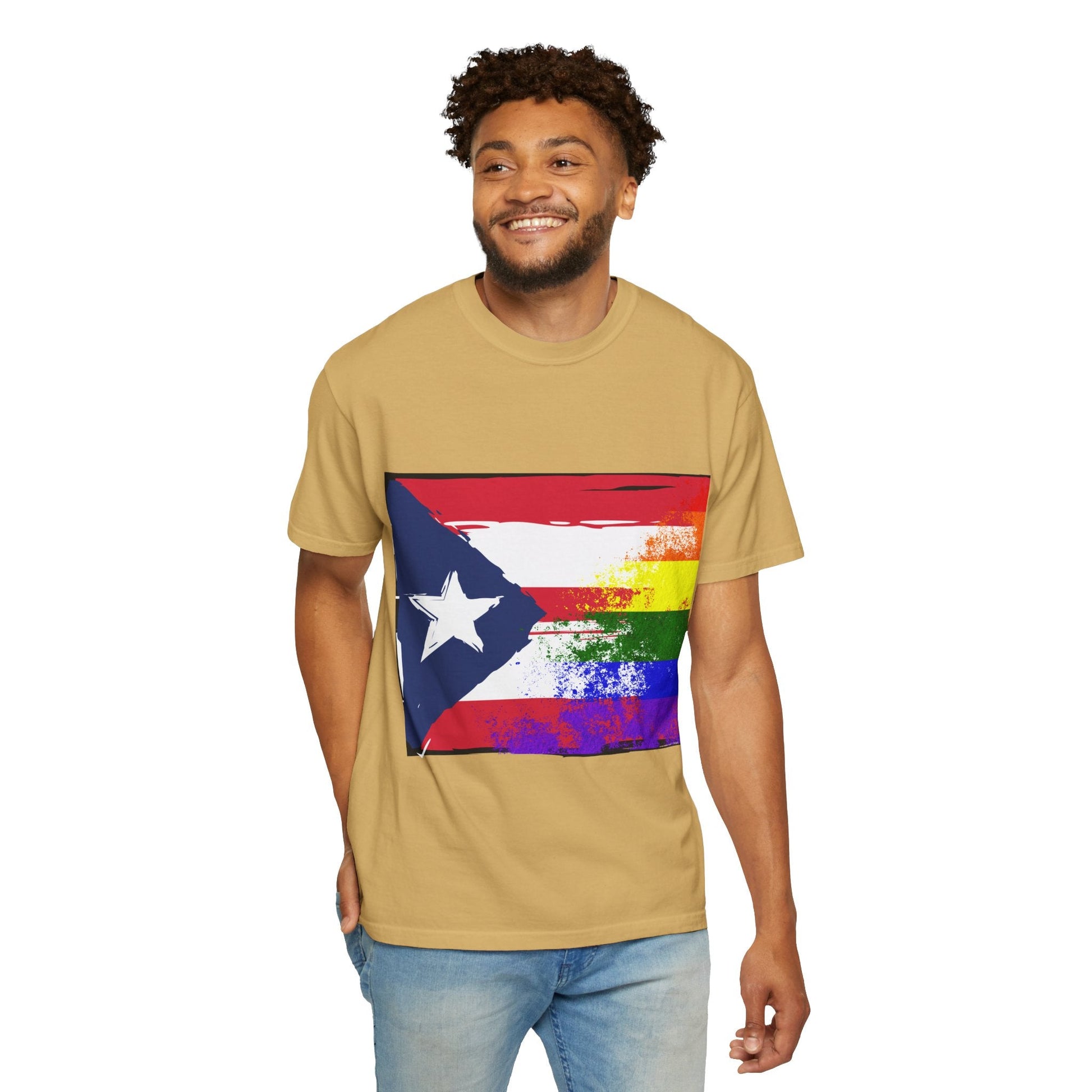 Pride - Themed Unisex Garment - Dyed T-Shirt, Rainbow Puerto Rican Flag Tee, LGBTQ+ Celebration Shirt, Bright & Colorful Pride Attire, [...] - Metamorphosis Creations