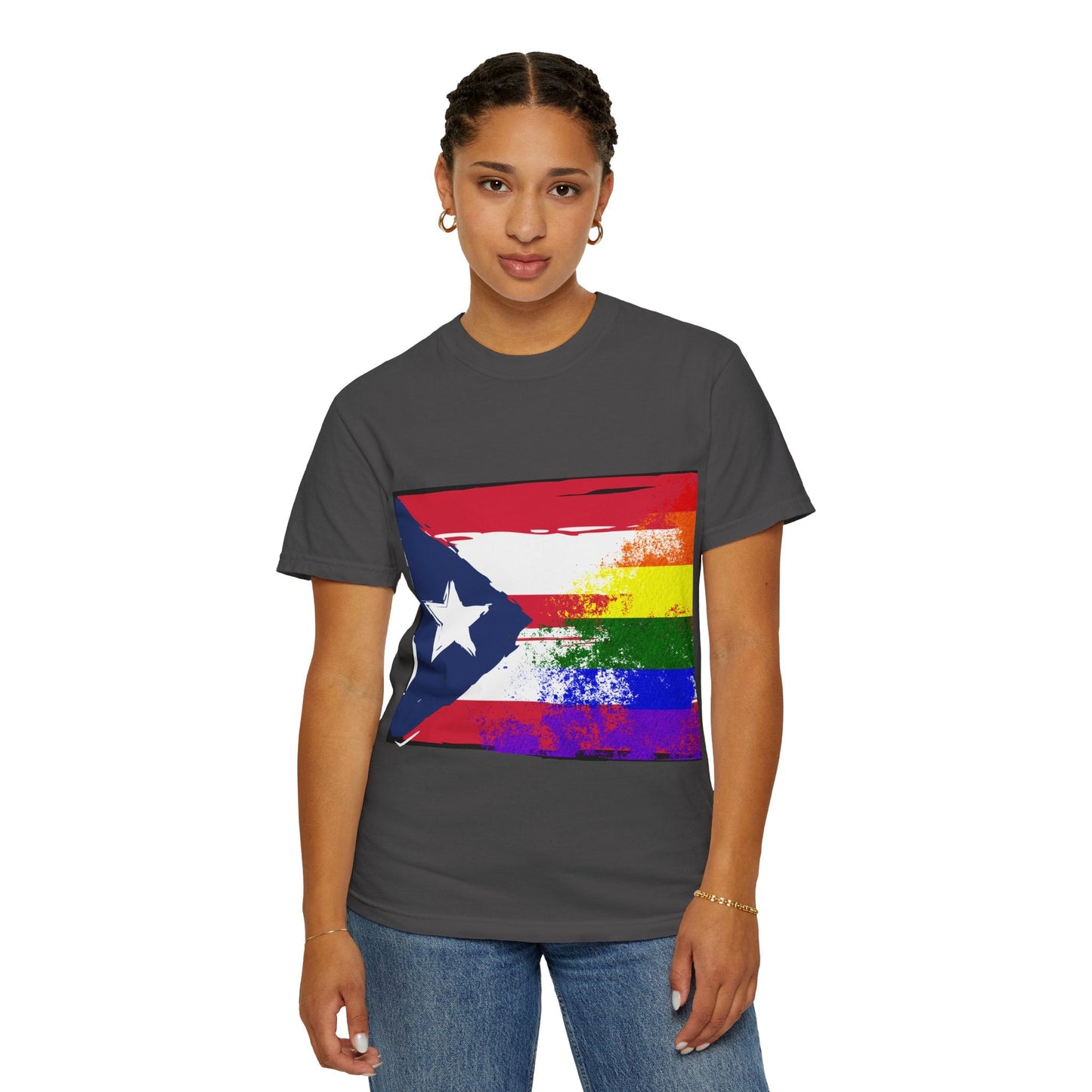 Pride - Themed Unisex Garment - Dyed T-Shirt, Rainbow Puerto Rican Flag Tee, LGBTQ+ Celebration Shirt, Bright & Colorful Pride Attire, [...] - Metamorphosis Creations