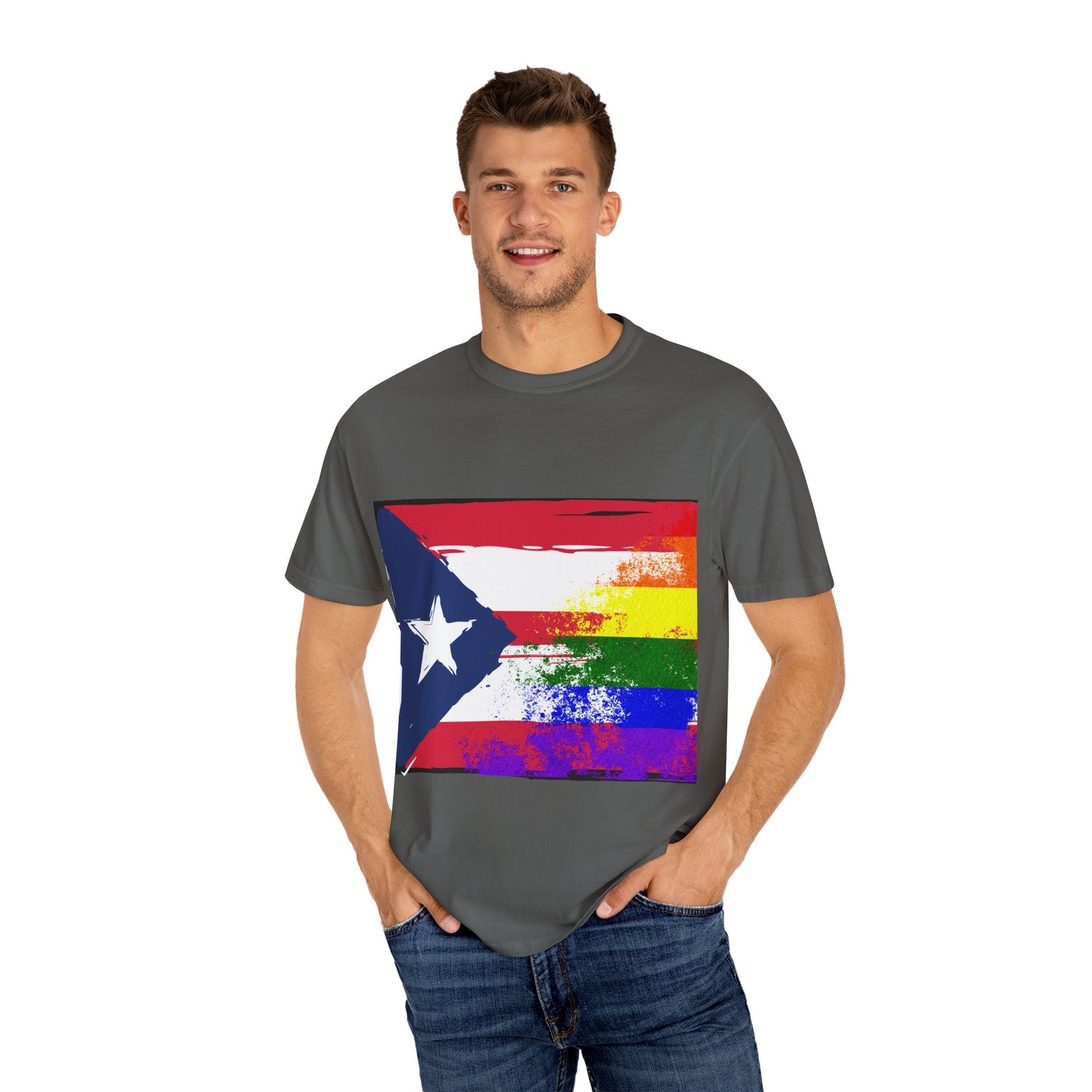 Pride - Themed Unisex Garment - Dyed T-Shirt, Rainbow Puerto Rican Flag Tee, LGBTQ+ Celebration Shirt, Bright & Colorful Pride Attire, [...] - Metamorphosis Creations