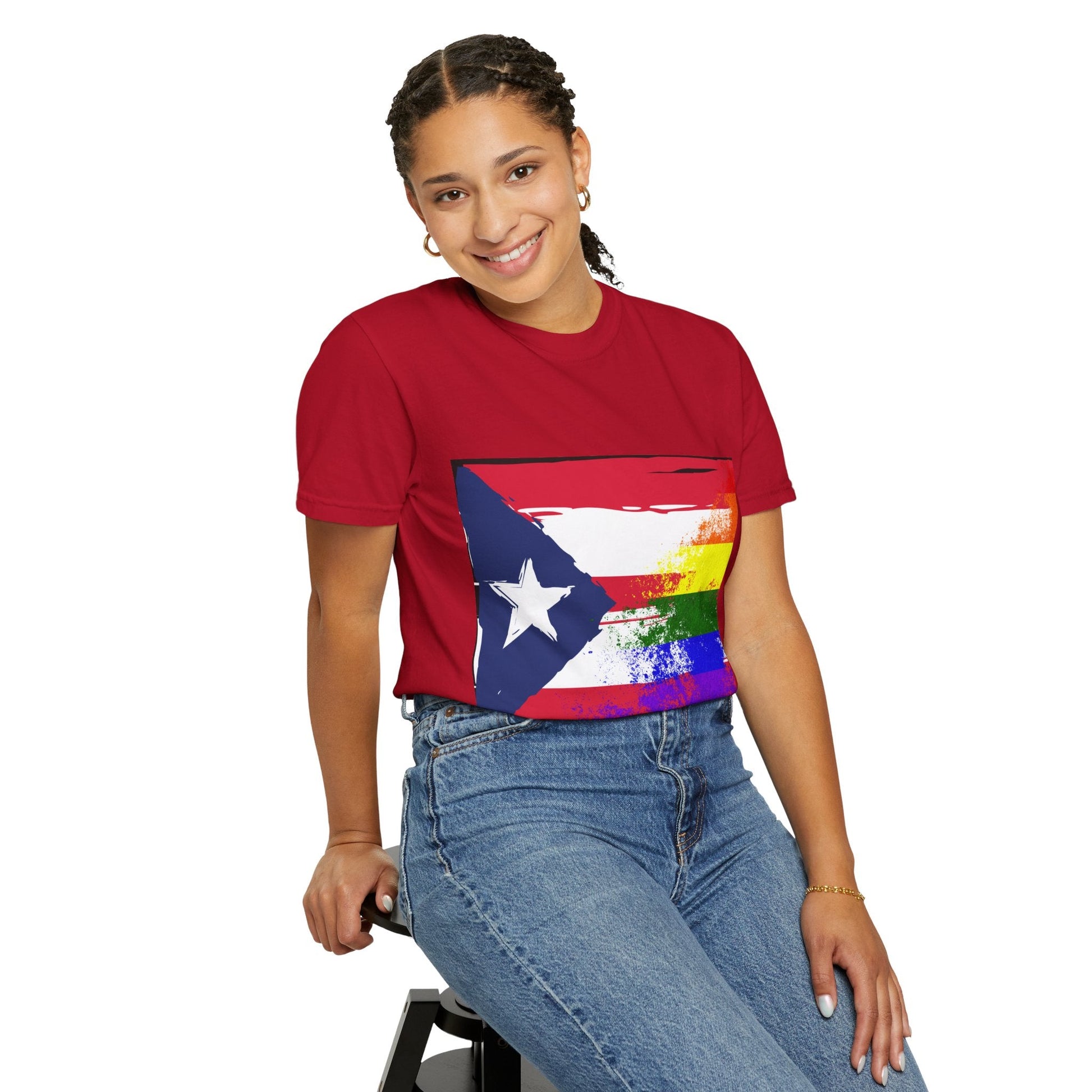 Pride - Themed Unisex Garment - Dyed T-Shirt, Rainbow Puerto Rican Flag Tee, LGBTQ+ Celebration Shirt, Bright & Colorful Pride Attire, [...] - Metamorphosis Creations