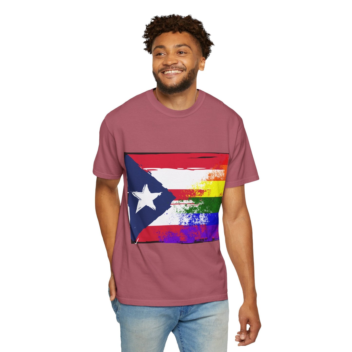 Pride - Themed Unisex Garment - Dyed T-Shirt, Rainbow Puerto Rican Flag Tee, LGBTQ+ Celebration Shirt, Bright & Colorful Pride Attire, [...] - Metamorphosis Creations