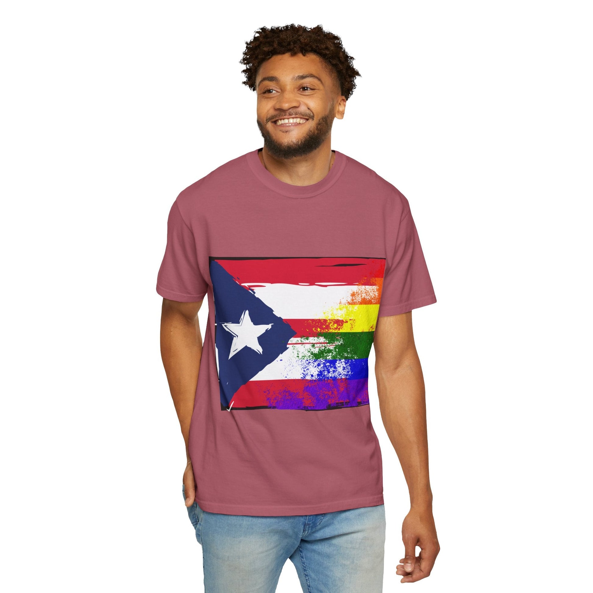 Pride - Themed Unisex Garment - Dyed T-Shirt, Rainbow Puerto Rican Flag Tee, LGBTQ+ Celebration Shirt, Bright & Colorful Pride Attire, [...] - Metamorphosis Creations