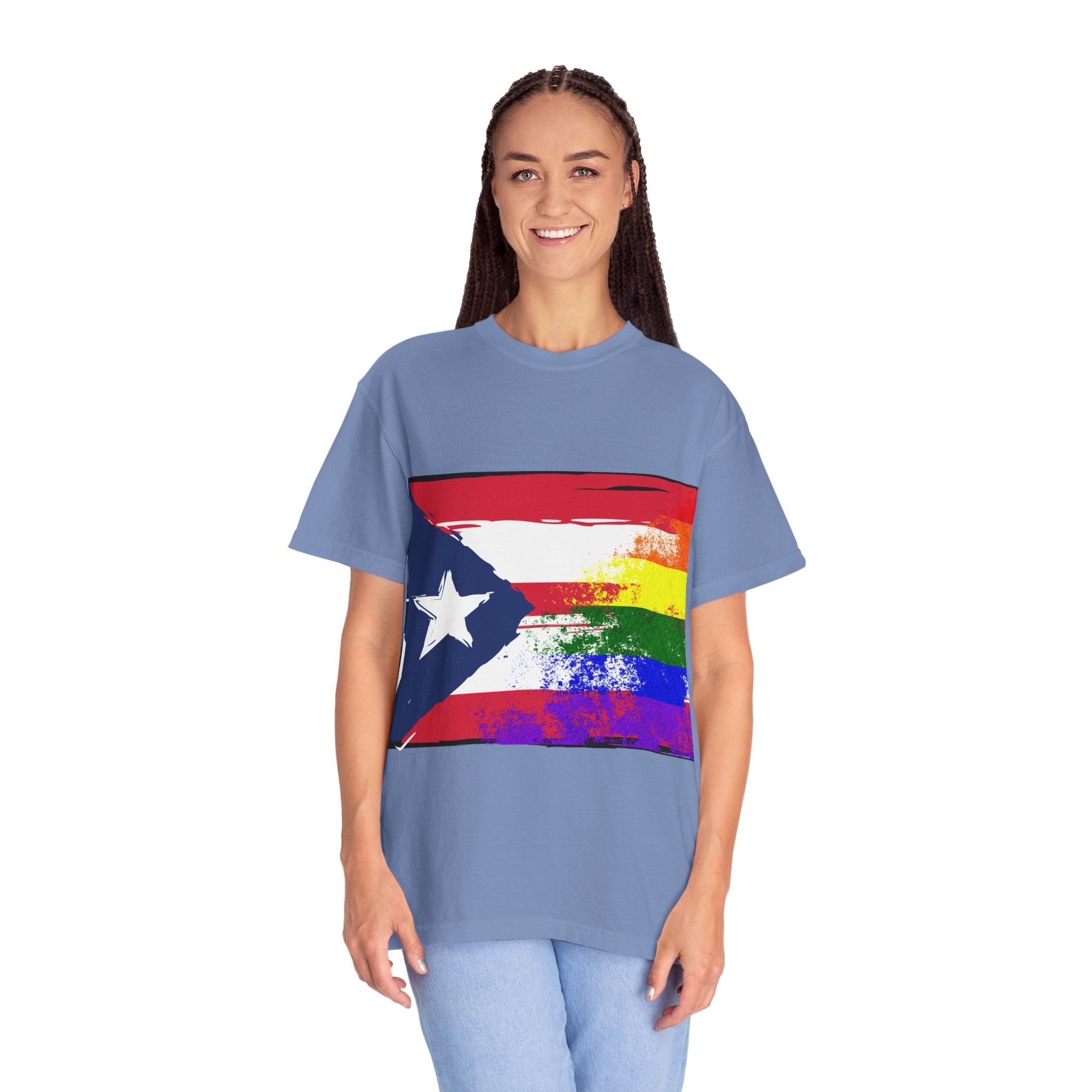 Pride - Themed Unisex Garment - Dyed T-Shirt, Rainbow Puerto Rican Flag Tee, LGBTQ+ Celebration Shirt, Bright & Colorful Pride Attire, [...] - Metamorphosis Creations