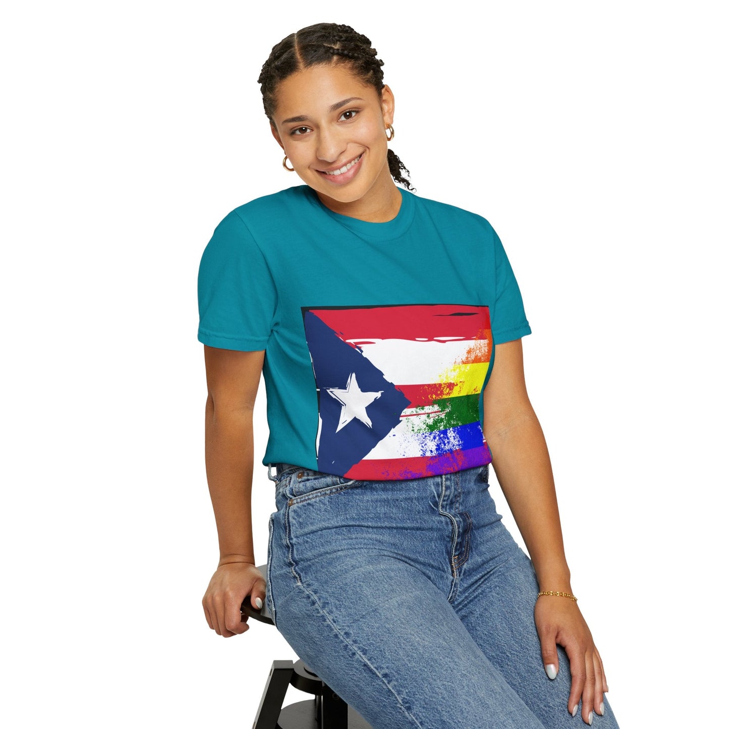 Pride - Themed Unisex Garment - Dyed T-Shirt, Rainbow Puerto Rican Flag Tee, LGBTQ+ Celebration Shirt, Bright & Colorful Pride Attire, [...] - Metamorphosis Creations