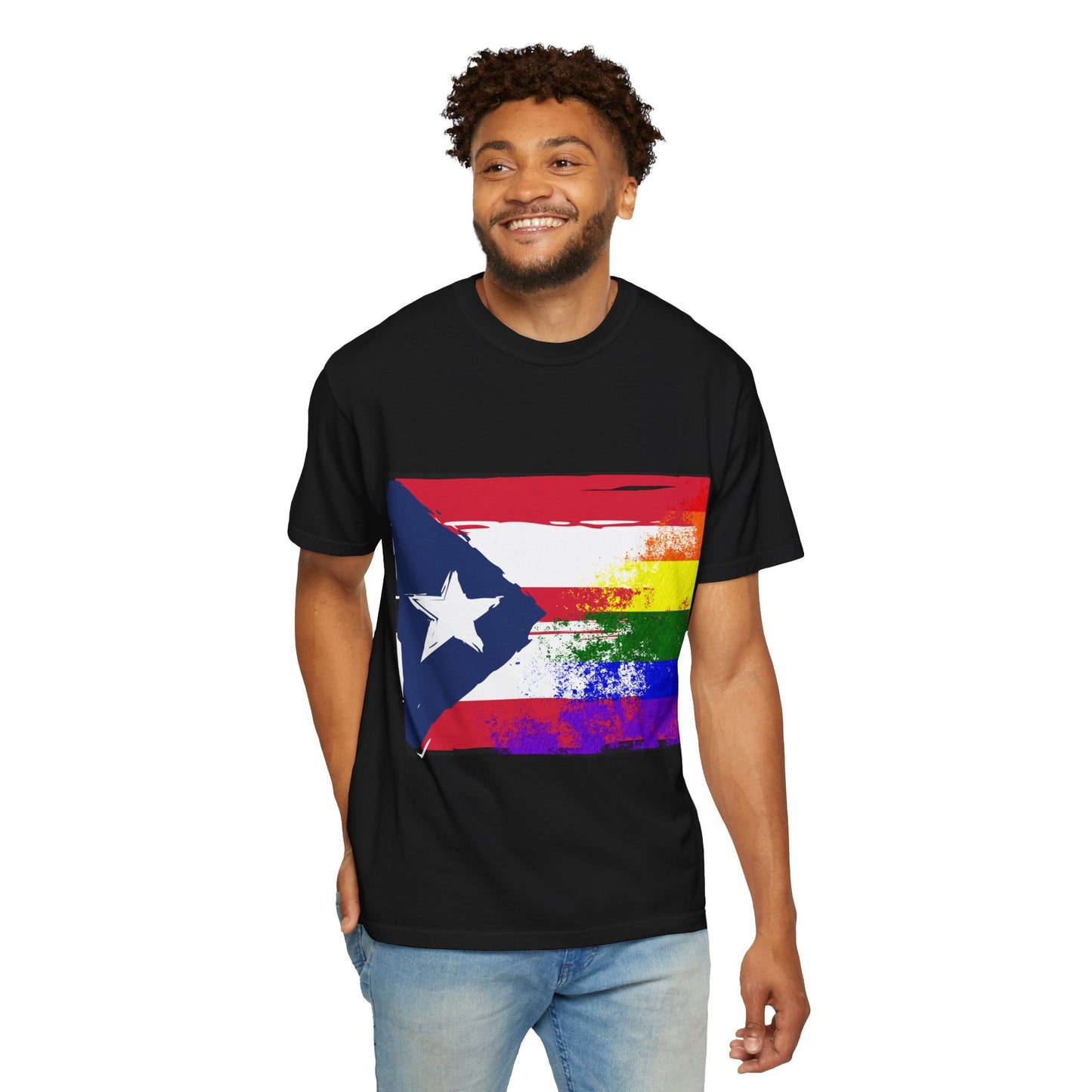 Pride - Themed Unisex Garment - Dyed T-Shirt, Rainbow Puerto Rican Flag Tee, LGBTQ+ Celebration Shirt, Bright & Colorful Pride Attire, [...] - Metamorphosis Creations