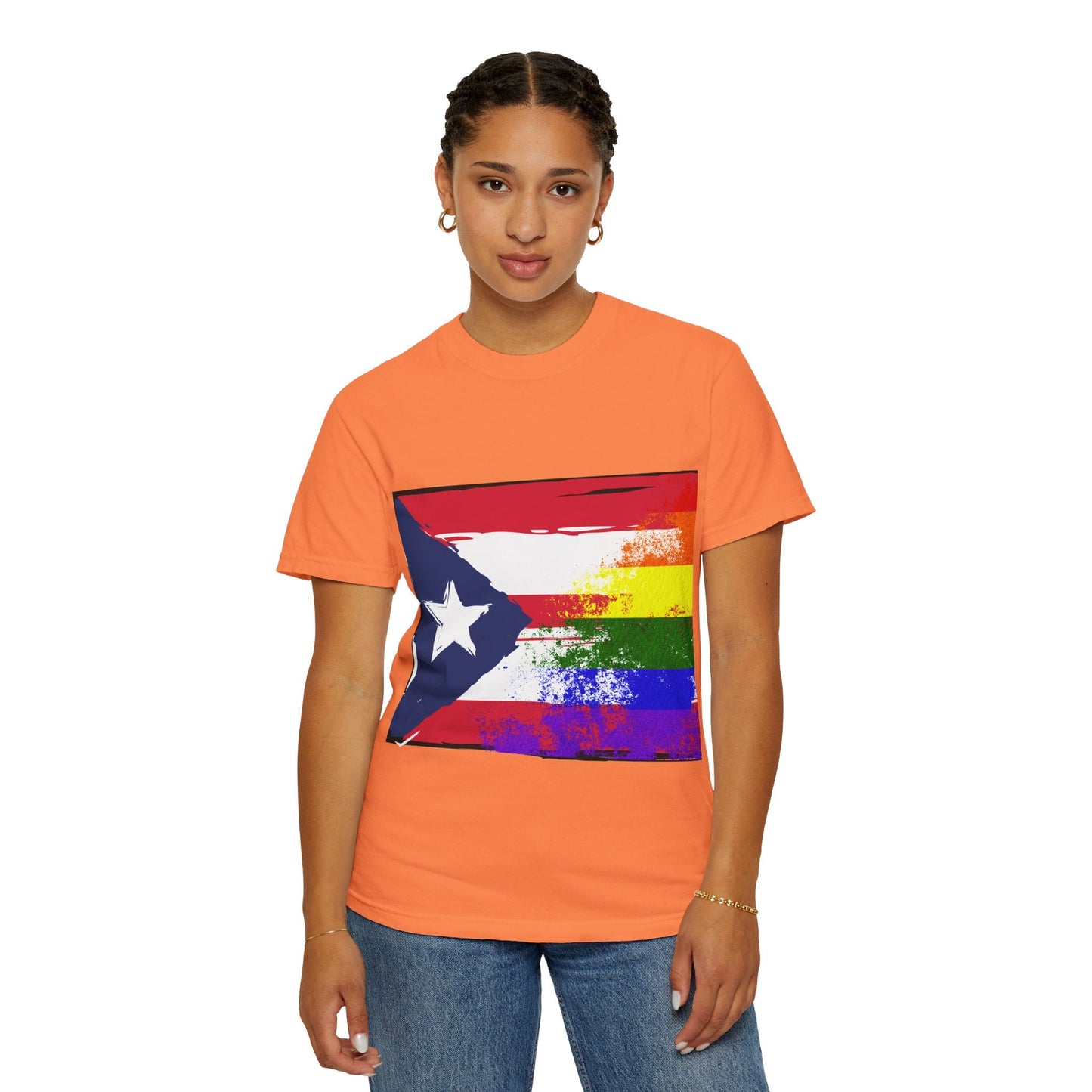 Pride - Themed Unisex Garment - Dyed T-Shirt, Rainbow Puerto Rican Flag Tee, LGBTQ+ Celebration Shirt, Bright & Colorful Pride Attire, [...] - Metamorphosis Creations