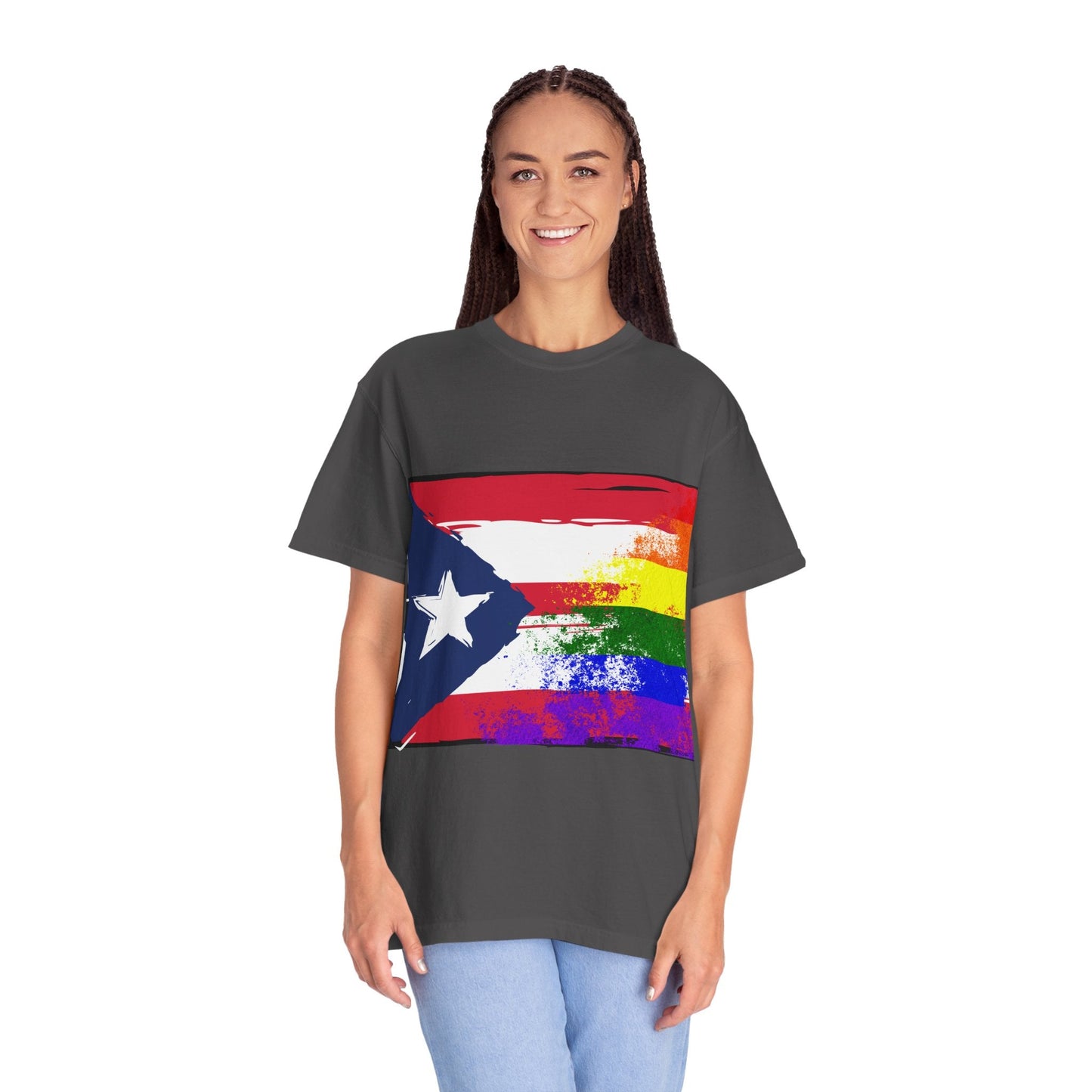 Pride - Themed Unisex Garment - Dyed T-Shirt, Rainbow Puerto Rican Flag Tee, LGBTQ+ Celebration Shirt, Bright & Colorful Pride Attire, [...] - Metamorphosis Creations