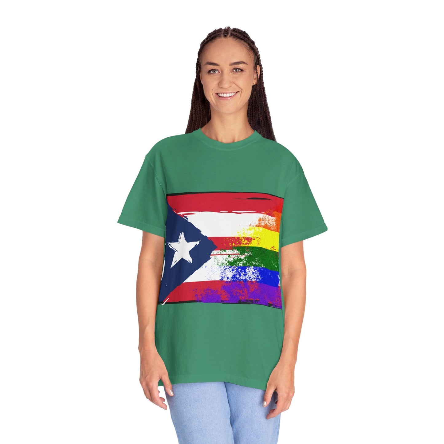 Pride - Themed Unisex Garment - Dyed T-Shirt, Rainbow Puerto Rican Flag Tee, LGBTQ+ Celebration Shirt, Bright & Colorful Pride Attire, [...] - Metamorphosis Creations
