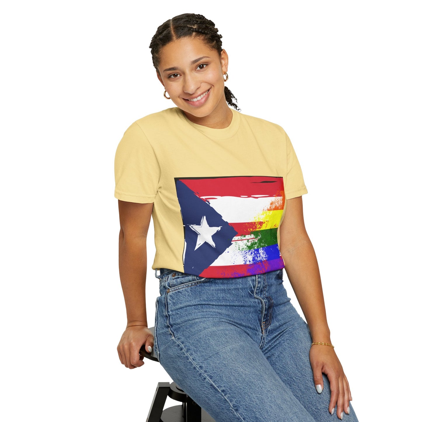 Pride - Themed Unisex Garment - Dyed T-Shirt, Rainbow Puerto Rican Flag Tee, LGBTQ+ Celebration Shirt, Bright & Colorful Pride Attire, [...] - Metamorphosis Creations