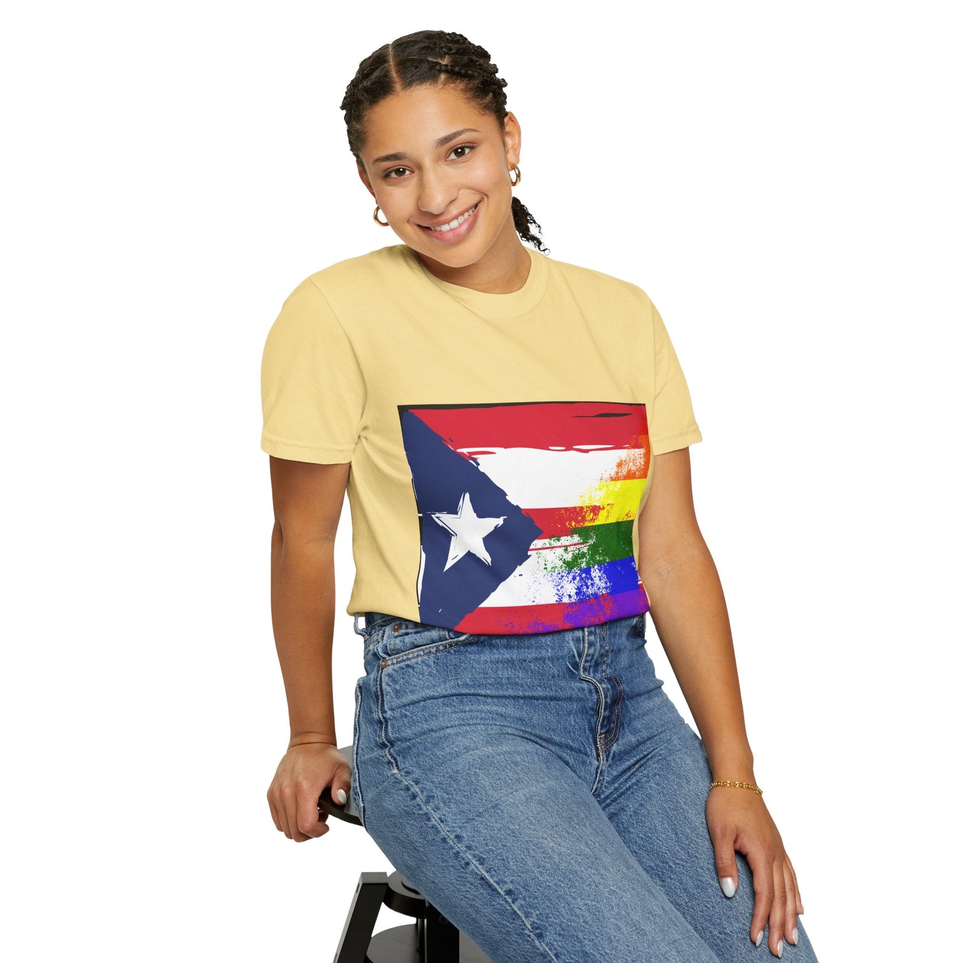 Pride - Themed Unisex Garment - Dyed T-Shirt, Rainbow Puerto Rican Flag Tee, LGBTQ+ Celebration Shirt, Bright & Colorful Pride Attire, [...] - Metamorphosis Creations