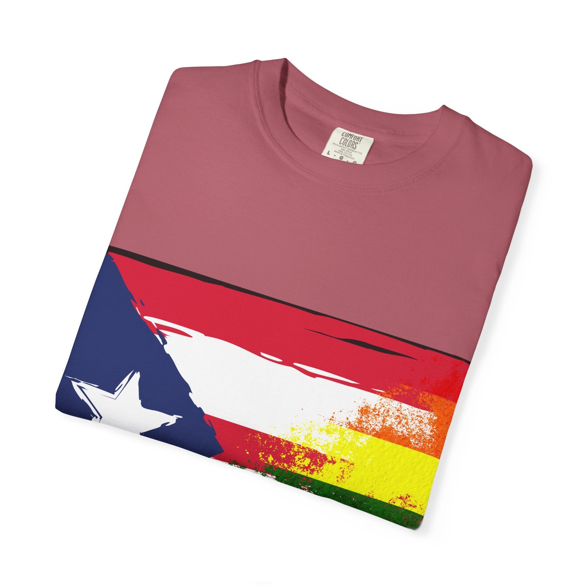 Pride - Themed Unisex Garment - Dyed T-Shirt, Rainbow Puerto Rican Flag Tee, LGBTQ+ Celebration Shirt, Bright & Colorful Pride Attire, [...] - Metamorphosis Creations
