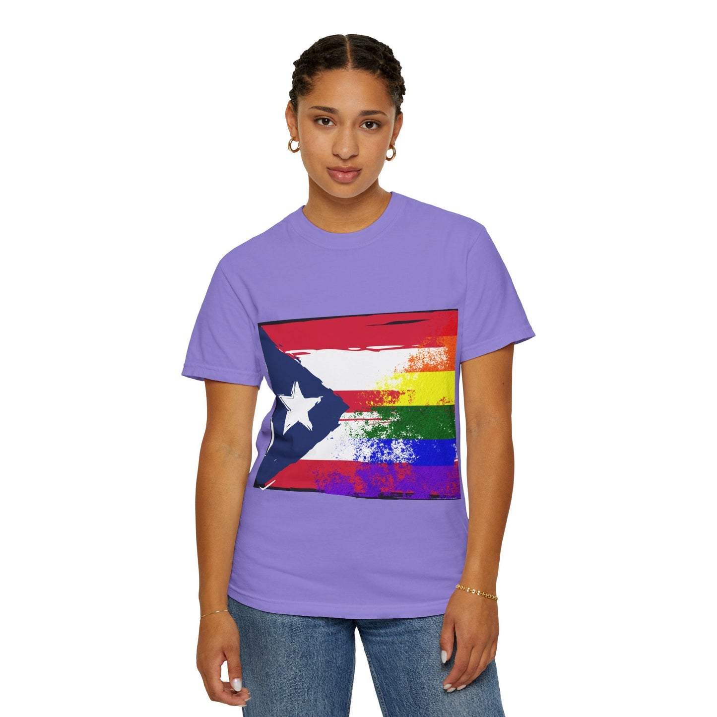 Pride - Themed Unisex Garment - Dyed T-Shirt, Rainbow Puerto Rican Flag Tee, LGBTQ+ Celebration Shirt, Bright & Colorful Pride Attire, [...] - Metamorphosis Creations
