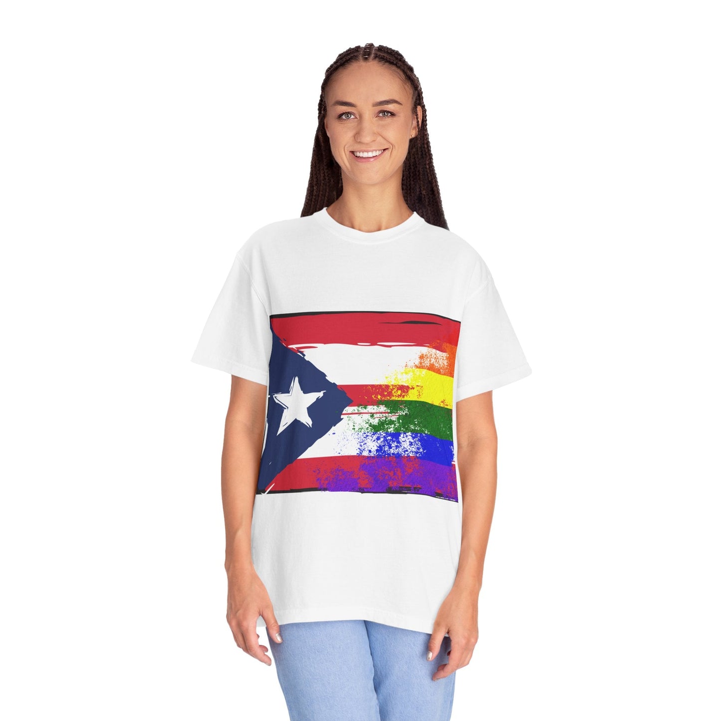 Pride - Themed Unisex Garment - Dyed T-Shirt, Rainbow Puerto Rican Flag Tee, LGBTQ+ Celebration Shirt, Bright & Colorful Pride Attire, [...] - Metamorphosis Creations