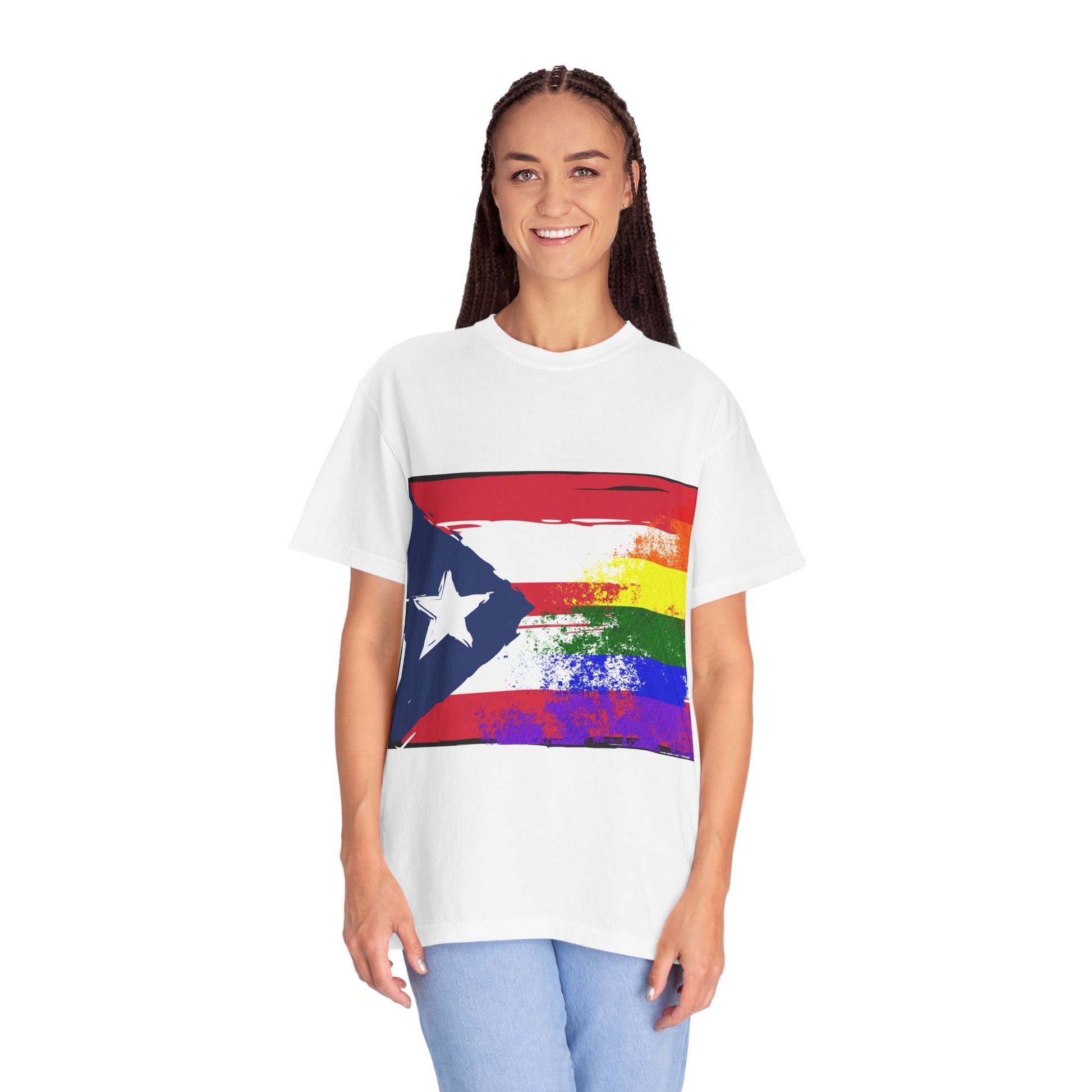 Pride - Themed Unisex Garment - Dyed T-Shirt, Rainbow Puerto Rican Flag Tee, LGBTQ+ Celebration Shirt, Bright & Colorful Pride Attire, [...] - Metamorphosis Creations