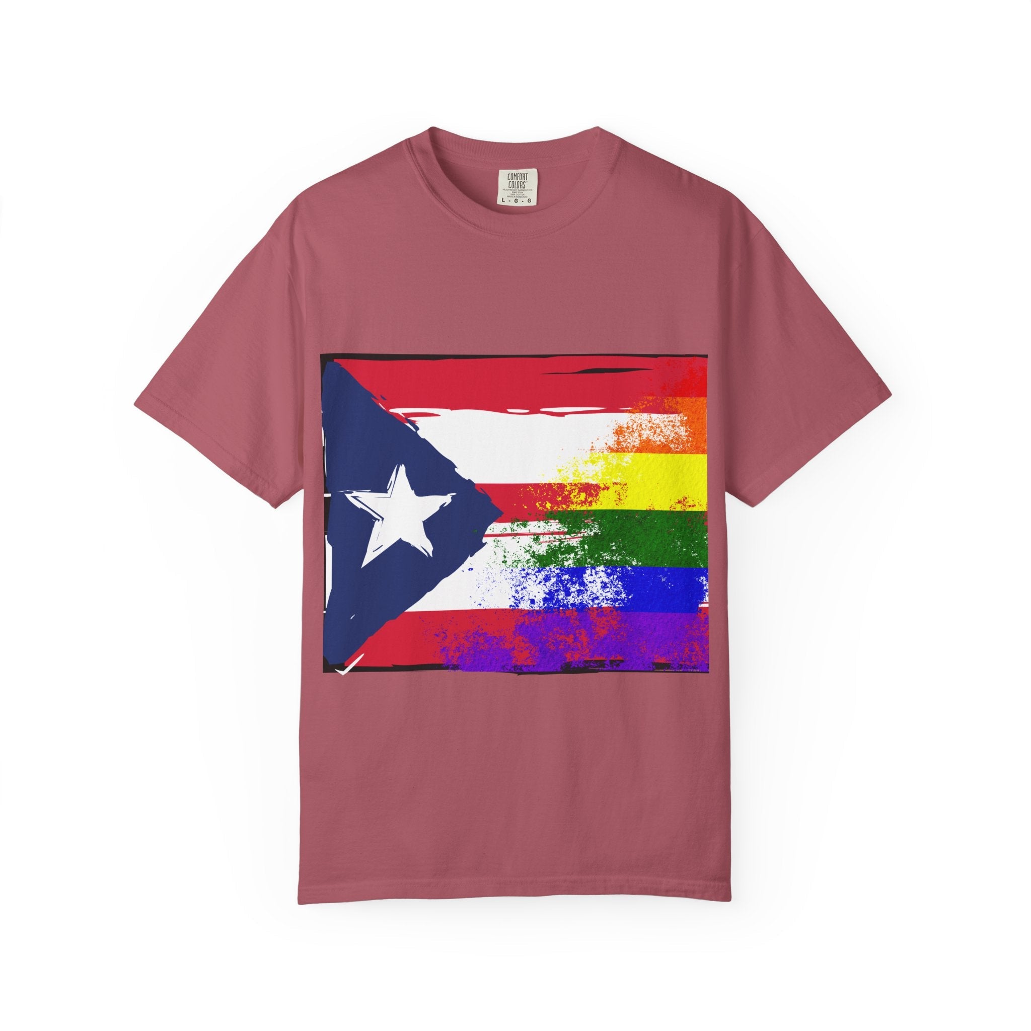 Pride - Themed Unisex Garment - Dyed T-Shirt, Rainbow Puerto Rican Flag Tee, LGBTQ+ Celebration Shirt, Bright & Colorful Pride Attire, [...] - Metamorphosis Creations