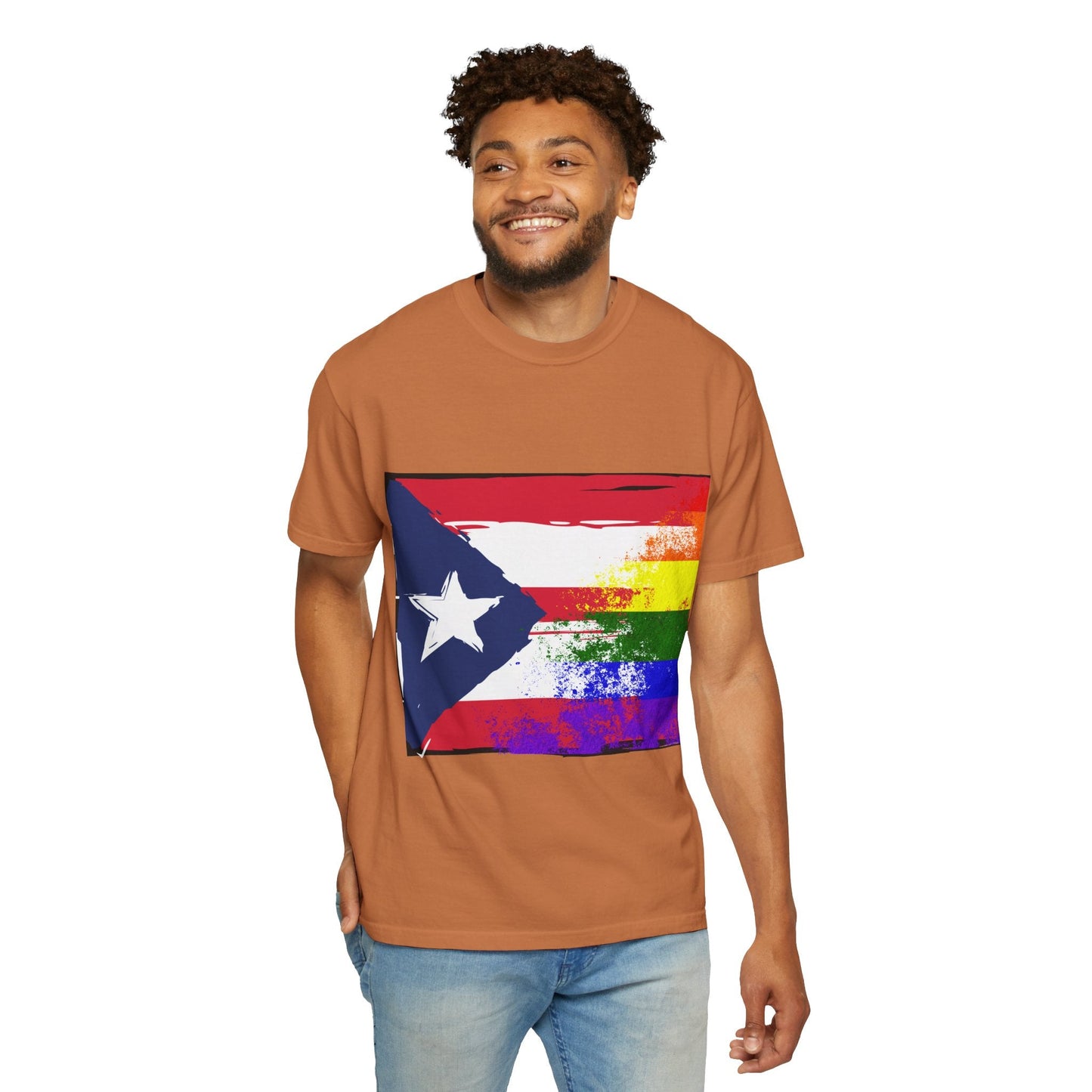 Pride - Themed Unisex Garment - Dyed T-Shirt, Rainbow Puerto Rican Flag Tee, LGBTQ+ Celebration Shirt, Bright & Colorful Pride Attire, [...] - Metamorphosis Creations