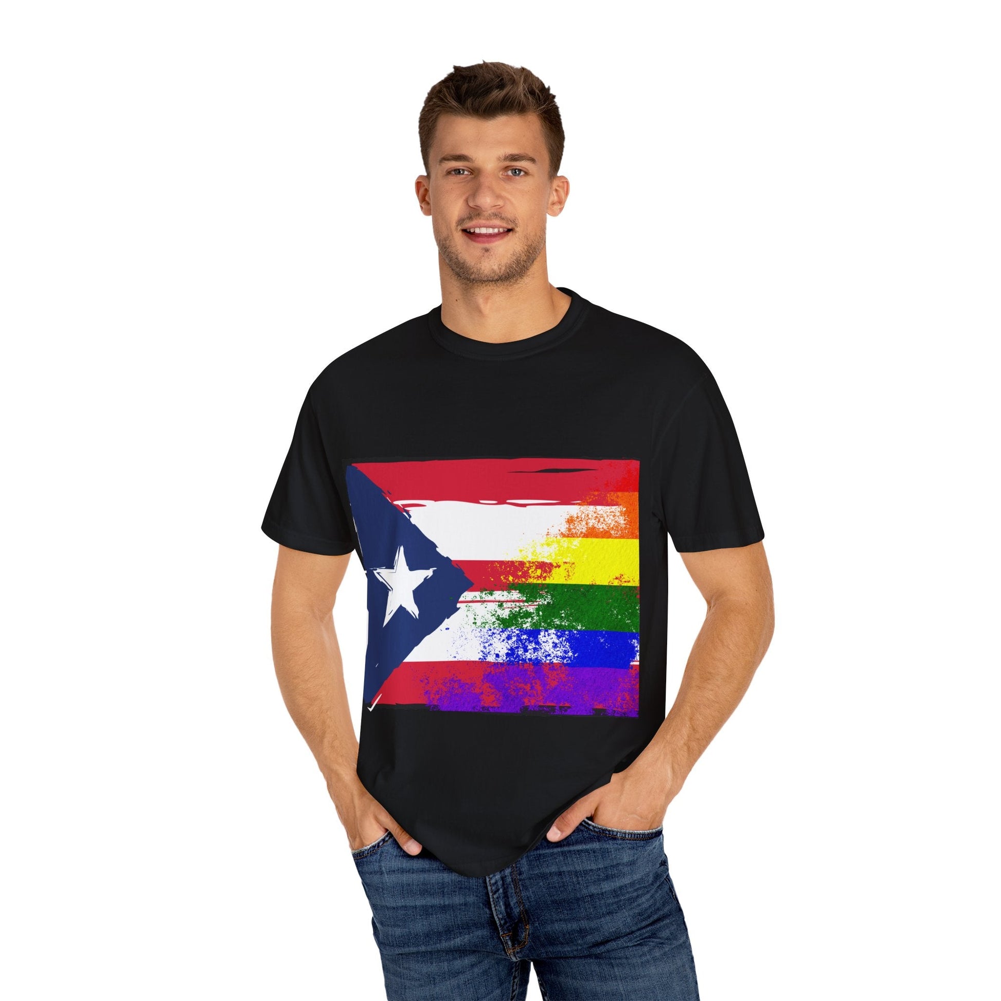 Pride - Themed Unisex Garment - Dyed T-Shirt, Rainbow Puerto Rican Flag Tee, LGBTQ+ Celebration Shirt, Bright & Colorful Pride Attire, [...] - Metamorphosis Creations