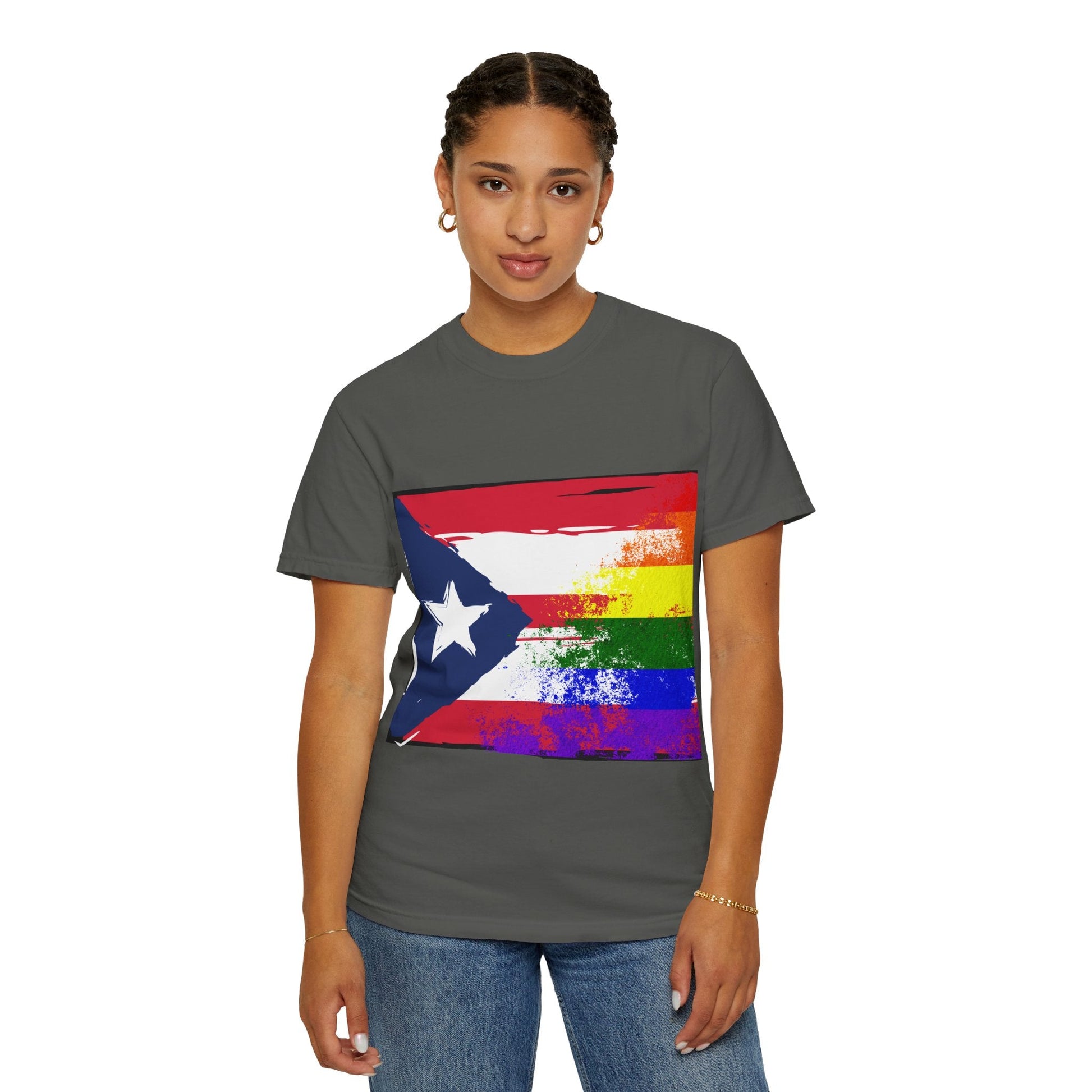 Pride - Themed Unisex Garment - Dyed T-Shirt, Rainbow Puerto Rican Flag Tee, LGBTQ+ Celebration Shirt, Bright & Colorful Pride Attire, [...] - Metamorphosis Creations