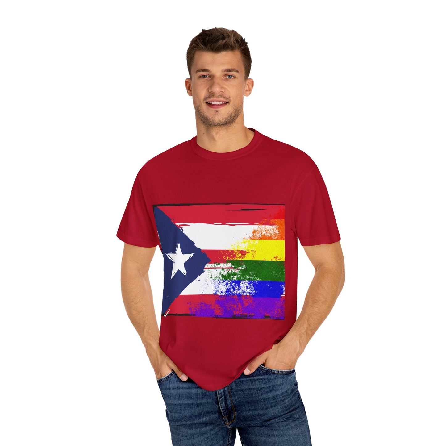 Pride - Themed Unisex Garment - Dyed T-Shirt, Rainbow Puerto Rican Flag Tee, LGBTQ+ Celebration Shirt, Bright & Colorful Pride Attire, [...] - Metamorphosis Creations