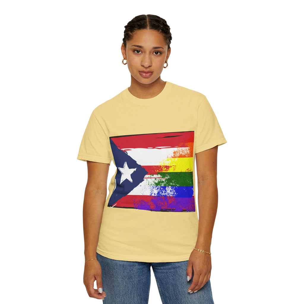 Pride - Themed Unisex Garment - Dyed T-Shirt, Rainbow Puerto Rican Flag Tee, LGBTQ+ Celebration Shirt, Bright & Colorful Pride Attire, [...] - Metamorphosis Creations