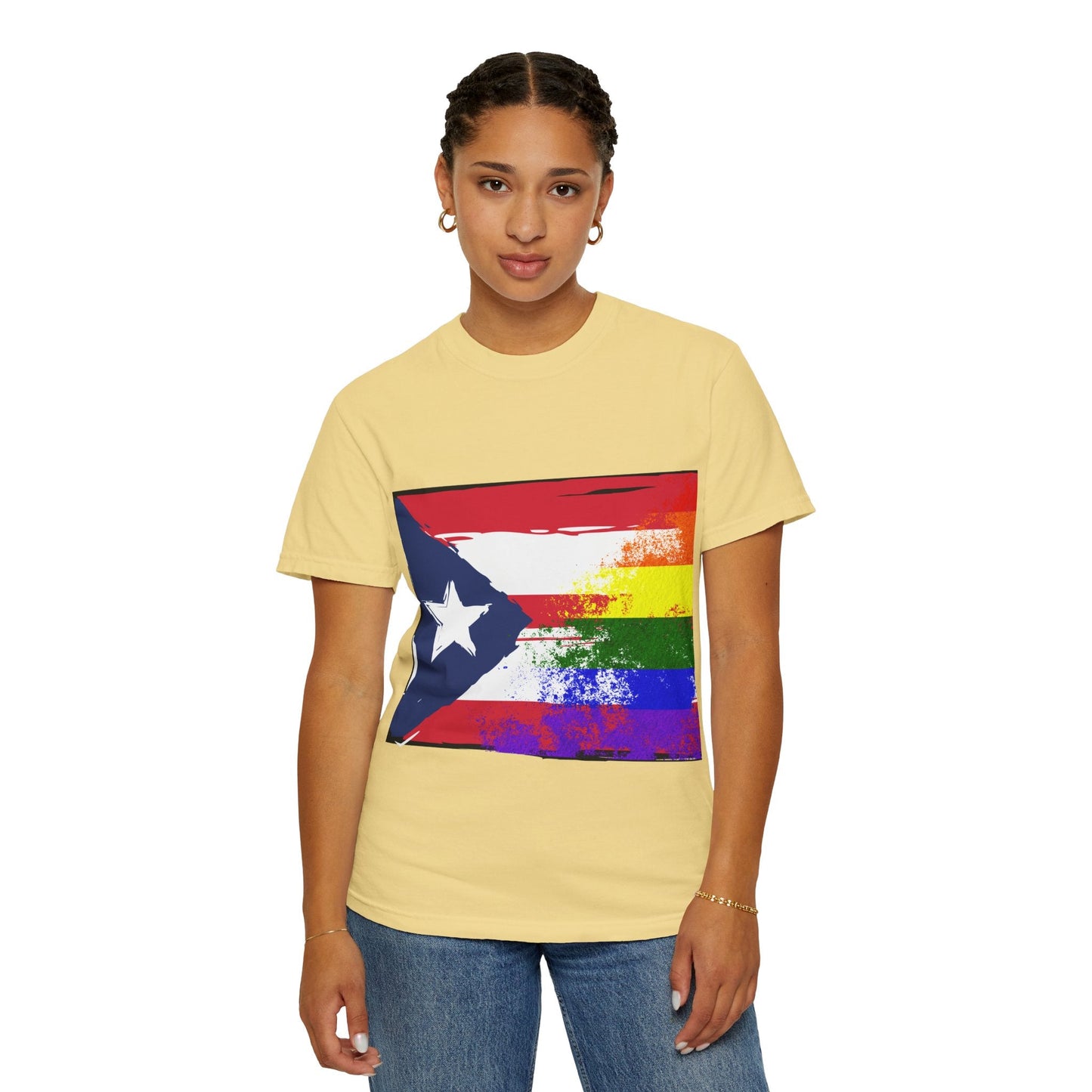 Pride - Themed Unisex Garment - Dyed T-Shirt, Rainbow Puerto Rican Flag Tee, LGBTQ+ Celebration Shirt, Bright & Colorful Pride Attire, [...] - Metamorphosis Creations