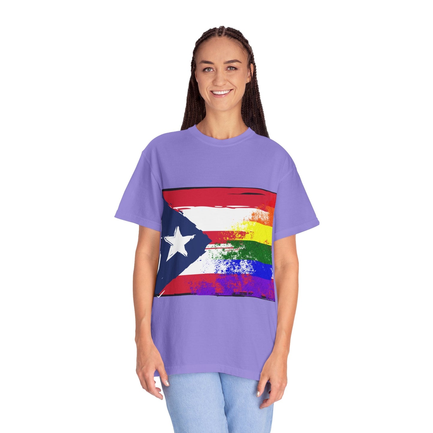 Pride - Themed Unisex Garment - Dyed T-Shirt, Rainbow Puerto Rican Flag Tee, LGBTQ+ Celebration Shirt, Bright & Colorful Pride Attire, [...] - Metamorphosis Creations