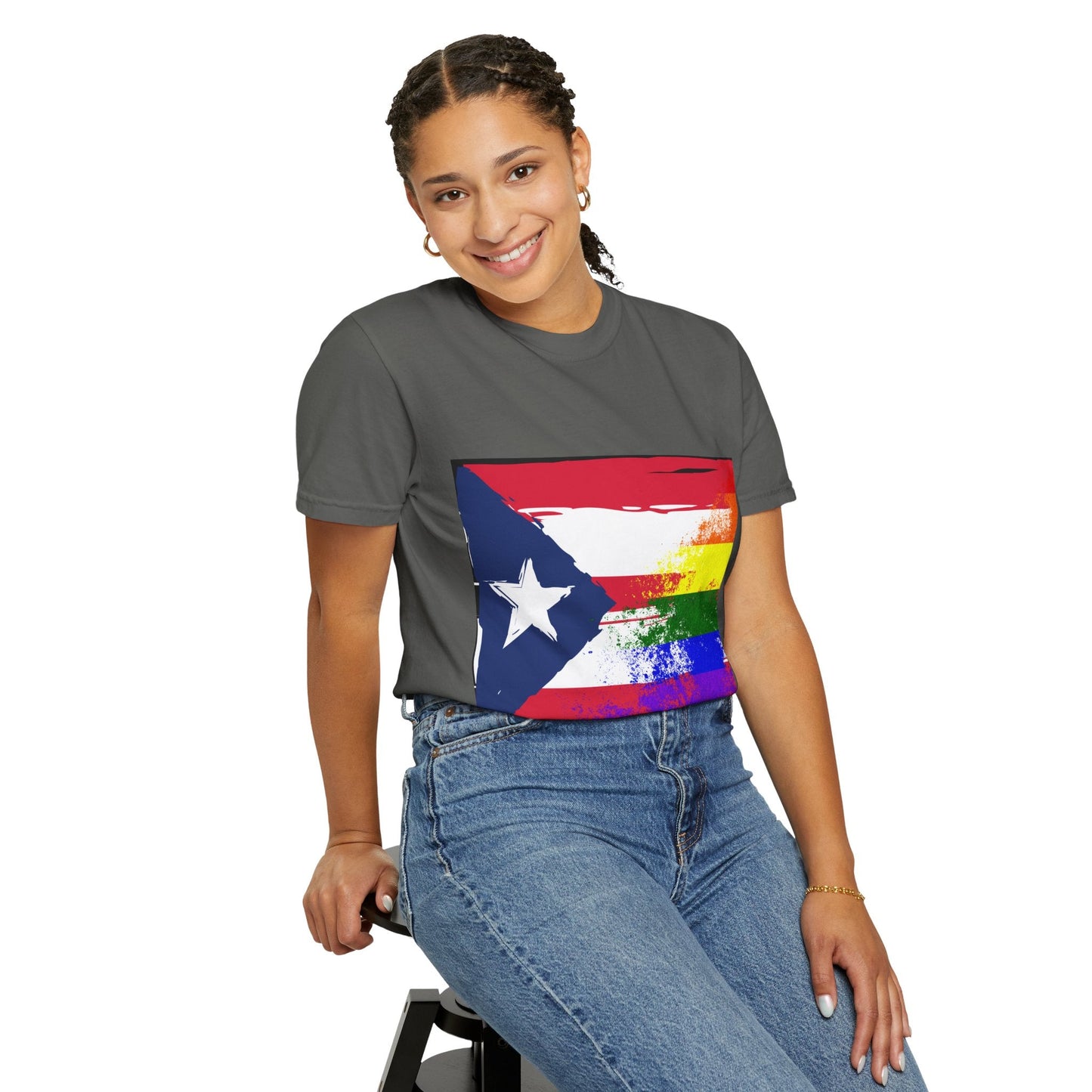 Pride - Themed Unisex Garment - Dyed T-Shirt, Rainbow Puerto Rican Flag Tee, LGBTQ+ Celebration Shirt, Bright & Colorful Pride Attire, [...] - Metamorphosis Creations