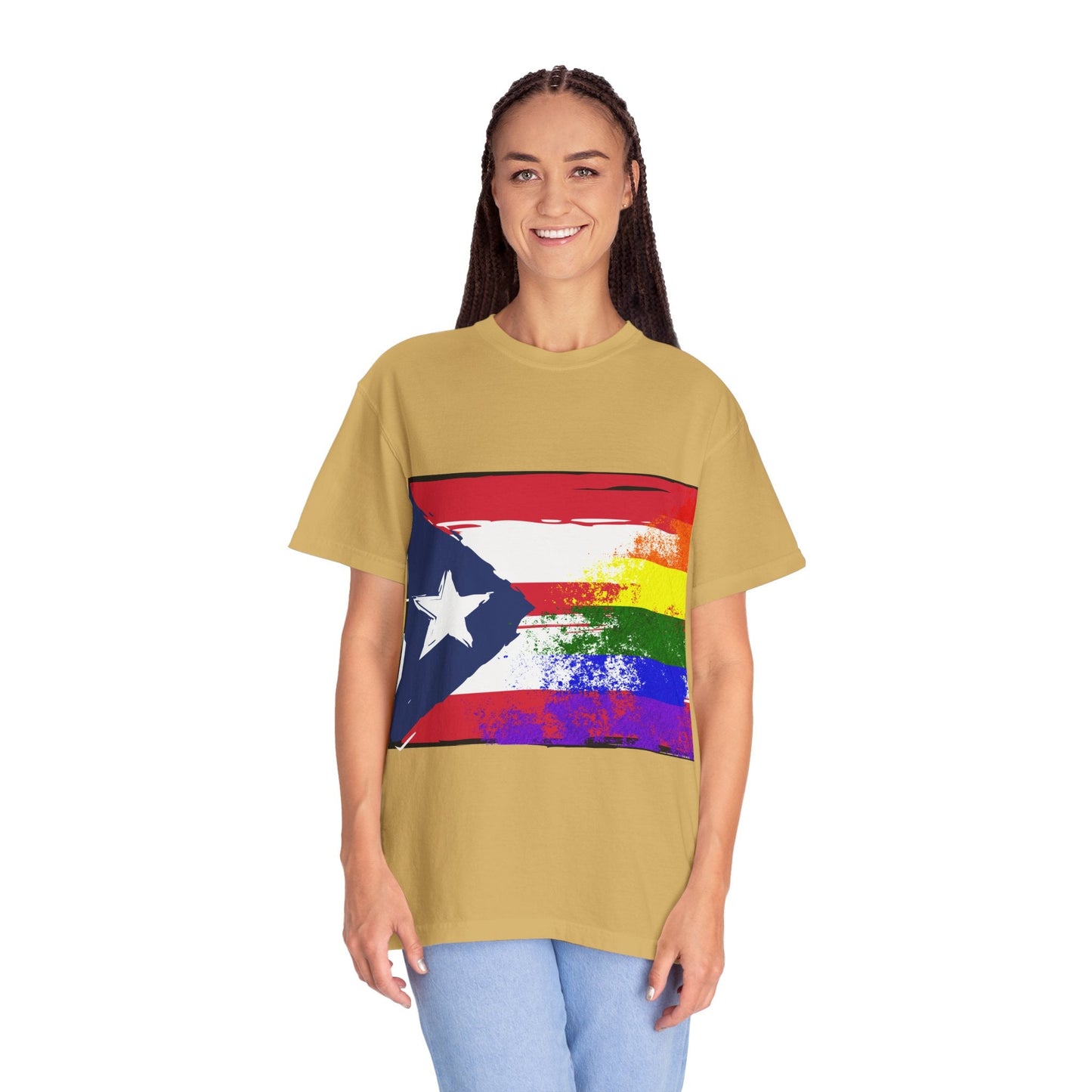Pride - Themed Unisex Garment - Dyed T-Shirt, Rainbow Puerto Rican Flag Tee, LGBTQ+ Celebration Shirt, Bright & Colorful Pride Attire, [...] - Metamorphosis Creations