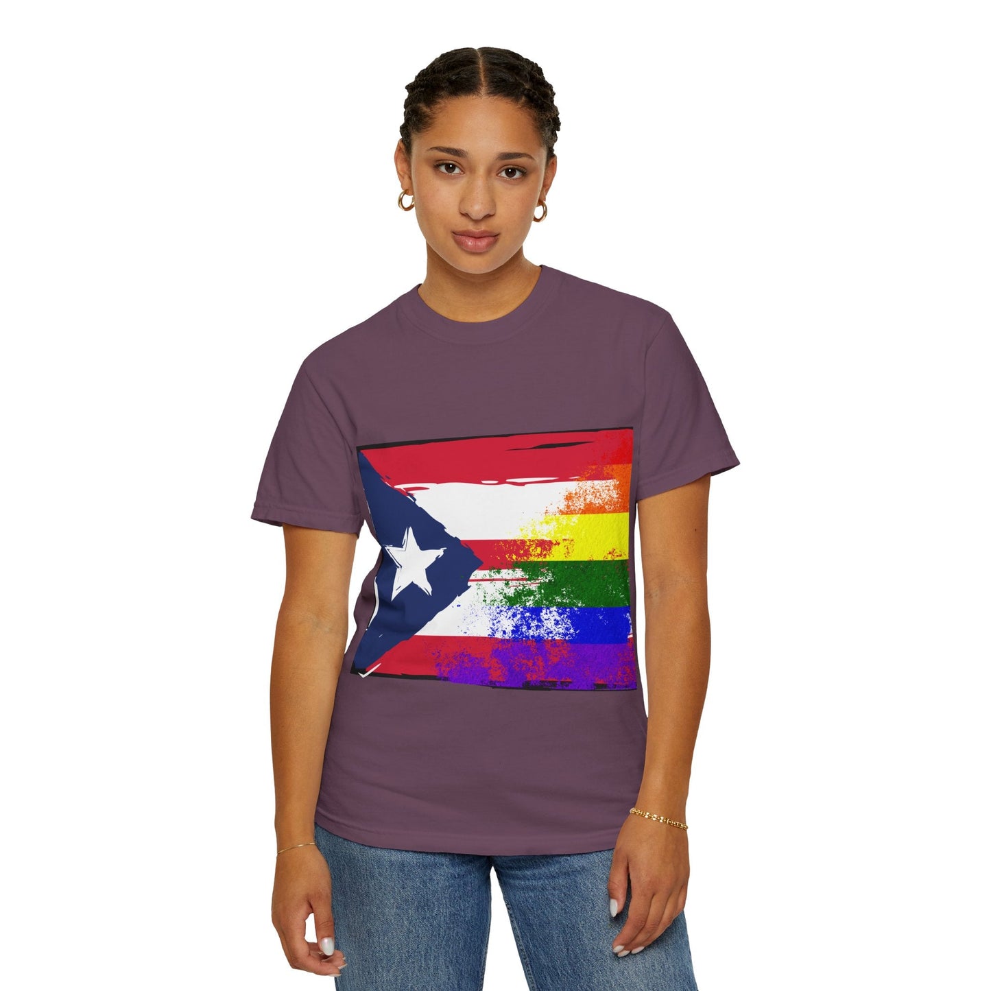 Pride - Themed Unisex Garment - Dyed T-Shirt, Rainbow Puerto Rican Flag Tee, LGBTQ+ Celebration Shirt, Bright & Colorful Pride Attire, [...] - Metamorphosis Creations