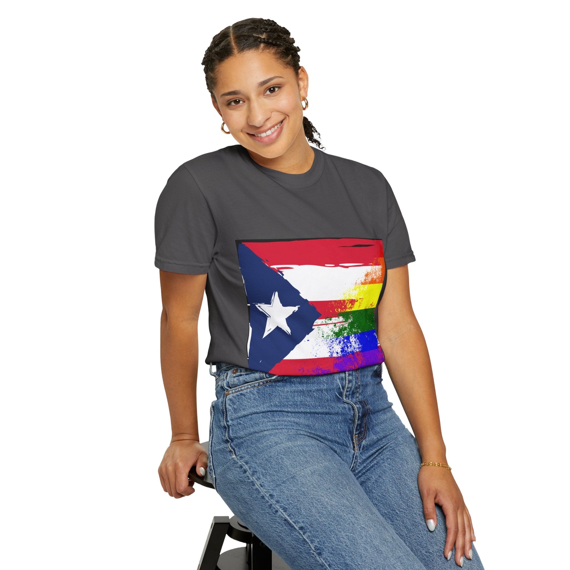 Pride - Themed Unisex Garment - Dyed T-Shirt, Rainbow Puerto Rican Flag Tee, LGBTQ+ Celebration Shirt, Bright & Colorful Pride Attire, [...] - Metamorphosis Creations