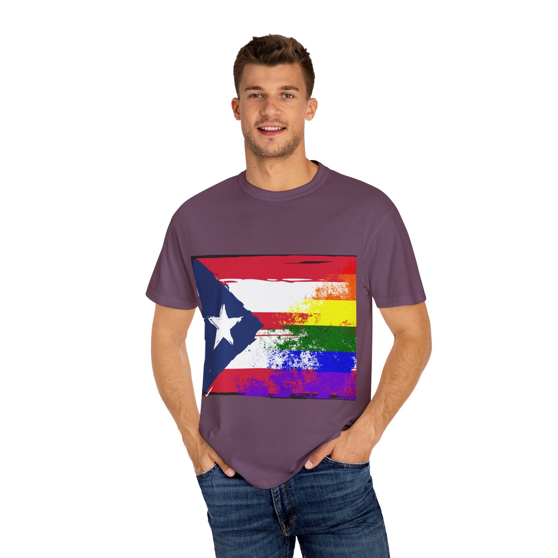 Pride - Themed Unisex Garment - Dyed T-Shirt, Rainbow Puerto Rican Flag Tee, LGBTQ+ Celebration Shirt, Bright & Colorful Pride Attire, [...] - Metamorphosis Creations