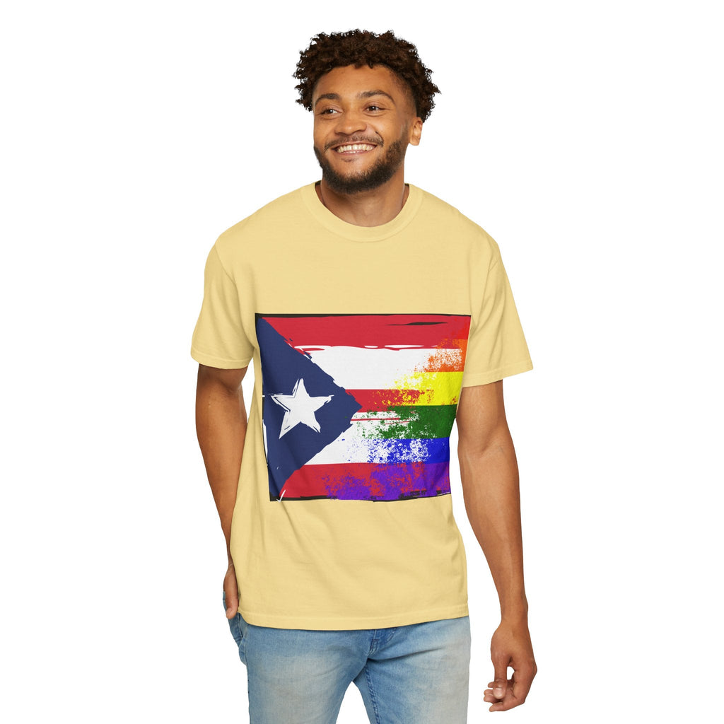 Pride - Themed Unisex Garment - Dyed T-Shirt, Rainbow Puerto Rican Flag Tee, LGBTQ+ Celebration Shirt, Bright & Colorful Pride Attire, [...] - Metamorphosis Creations