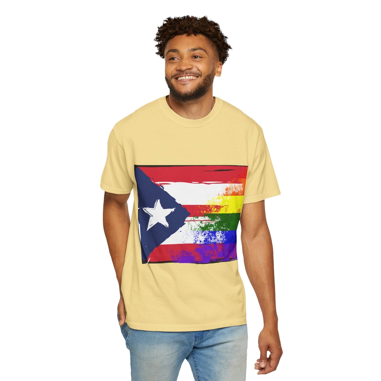 Pride - Themed Unisex Garment - Dyed T-Shirt, Rainbow Puerto Rican Flag Tee, LGBTQ+ Celebration Shirt, Bright & Colorful Pride Attire, [...] - Metamorphosis Creations