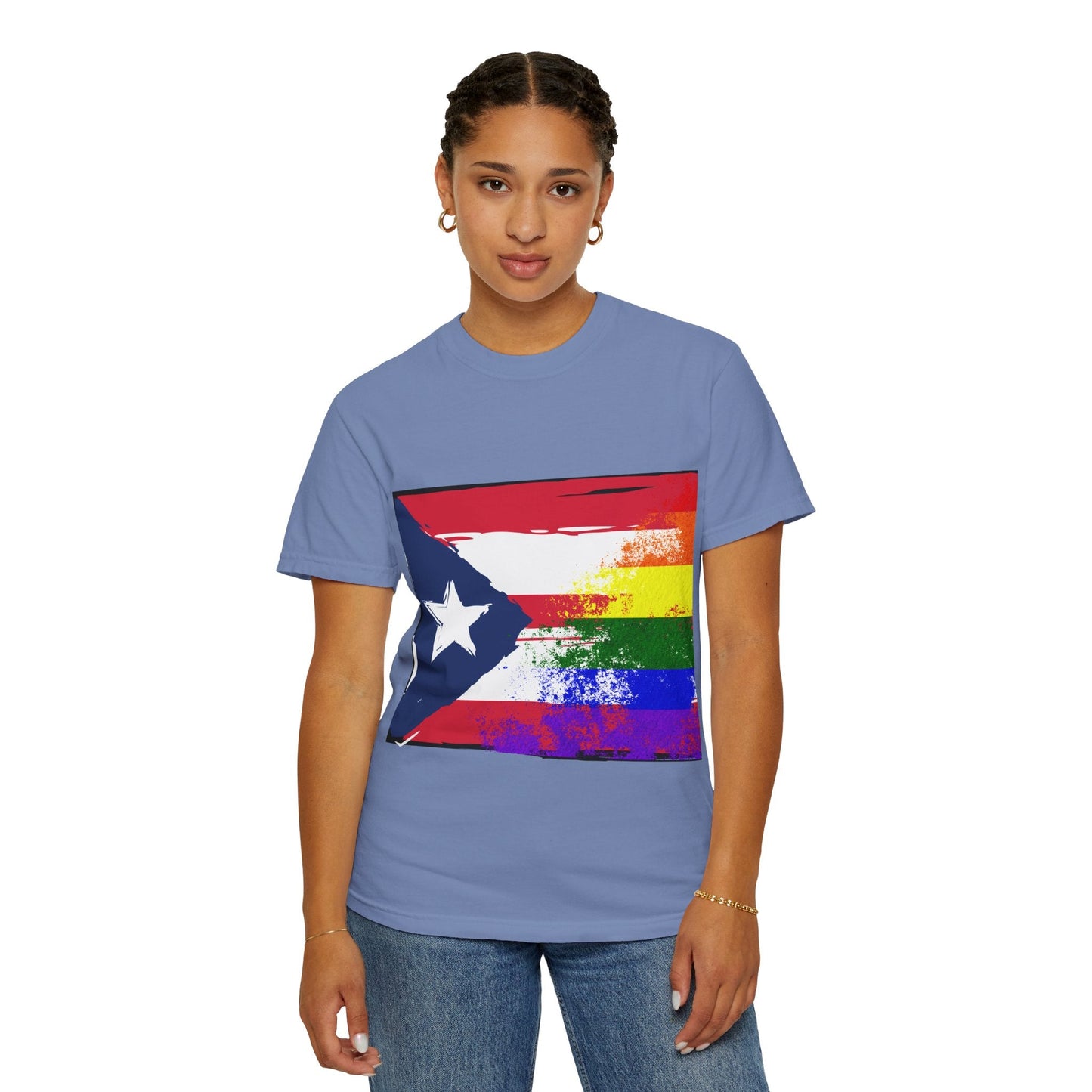 Pride - Themed Unisex Garment - Dyed T-Shirt, Rainbow Puerto Rican Flag Tee, LGBTQ+ Celebration Shirt, Bright & Colorful Pride Attire, [...] - Metamorphosis Creations
