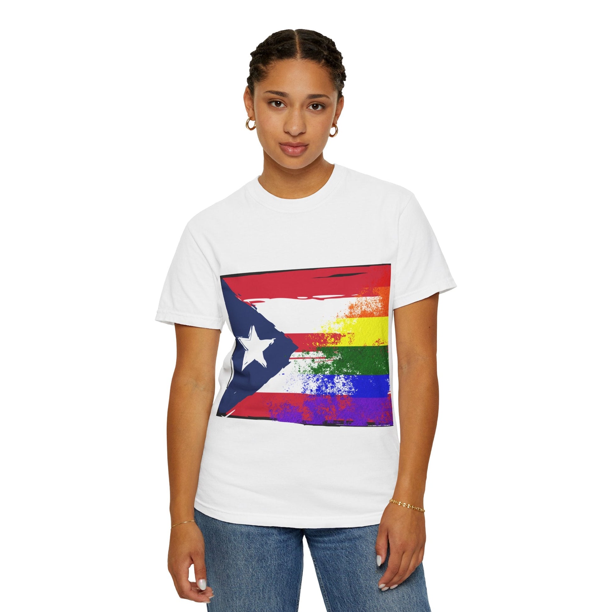 Pride - Themed Unisex Garment - Dyed T-Shirt, Rainbow Puerto Rican Flag Tee, LGBTQ+ Celebration Shirt, Bright & Colorful Pride Attire, [...] - Metamorphosis Creations