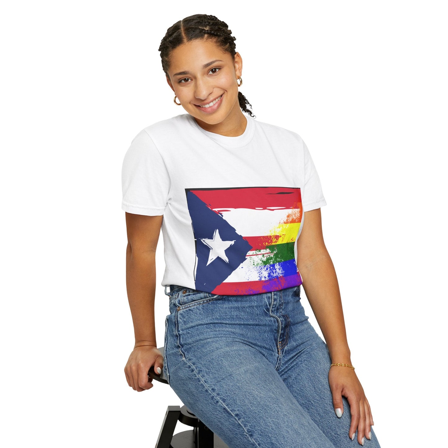 Pride - Themed Unisex Garment - Dyed T-Shirt, Rainbow Puerto Rican Flag Tee, LGBTQ+ Celebration Shirt, Bright & Colorful Pride Attire, [...] - Metamorphosis Creations